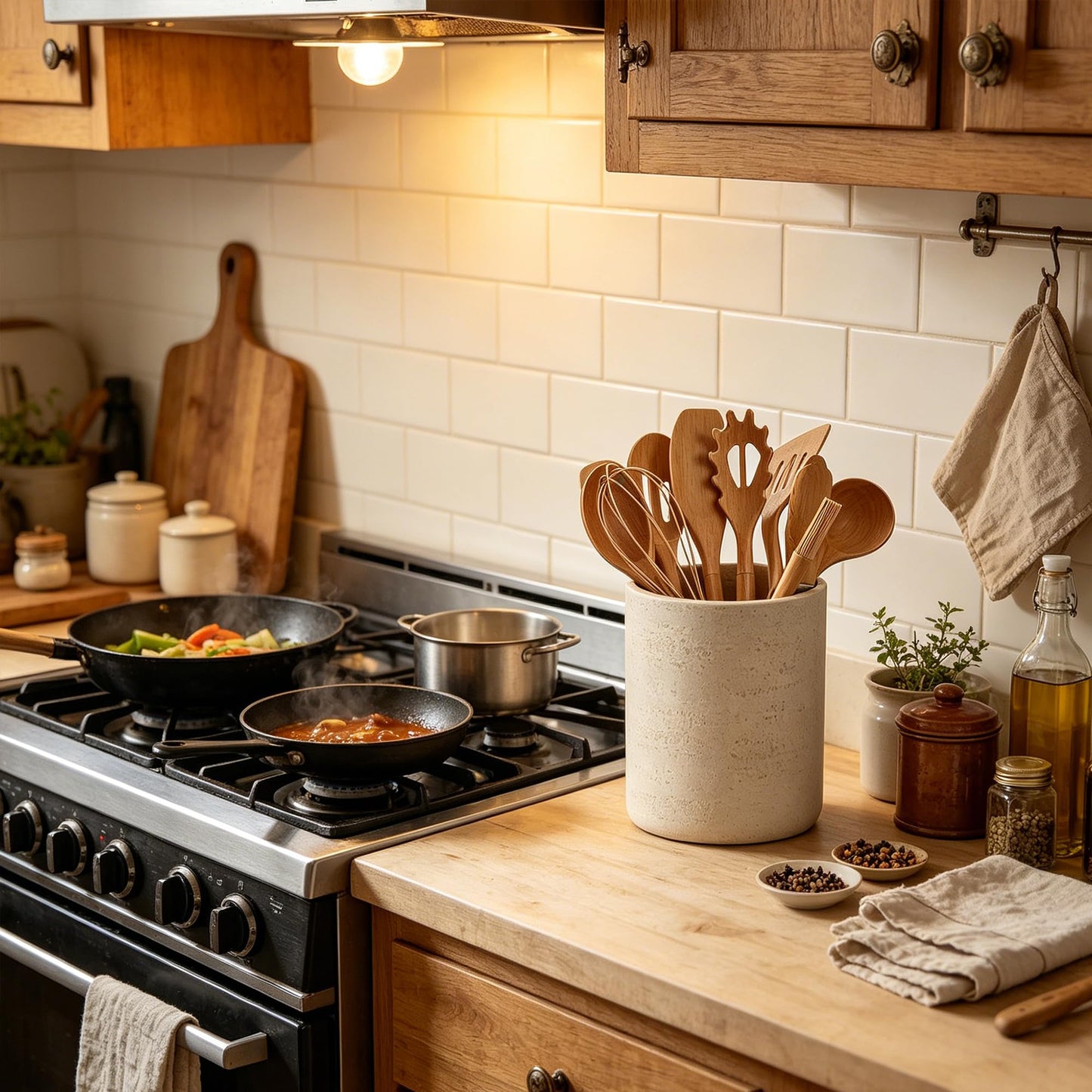 Rustic Beige Stone-Look Utensil Crock for Kitchen Counter – 6" x 7" Heavy Resin Holder with Non-Slip Base, Organizes Wooden Spatulas & Cooking Utensils, Farmhouse Kitchen Decor
