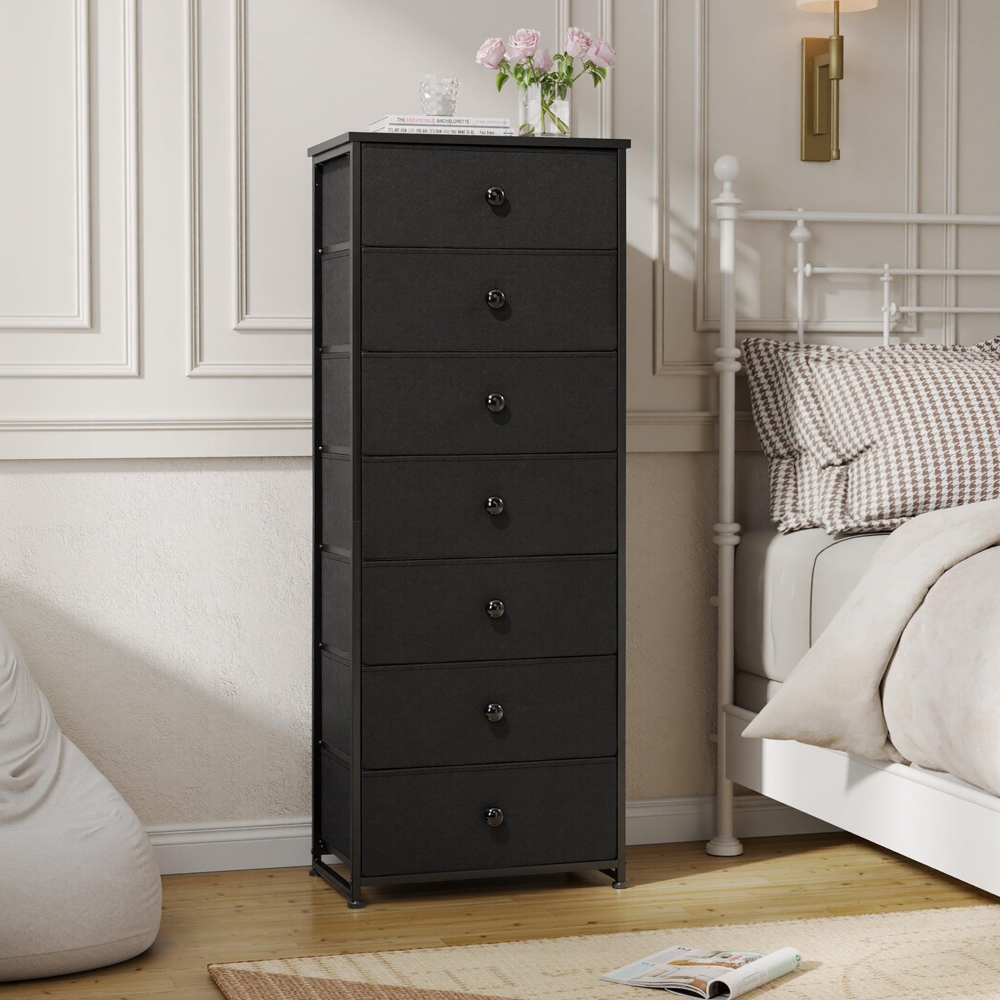 Crestlive Products Tall Dresser, 7-Drawer Fabric Storage Tower, Chests of Drawers - Vertical Organizer Unit for Bedroom, Hallway, Entryway, Nursery, Closets - Steel Frame, Wood Top & Handles (Black)