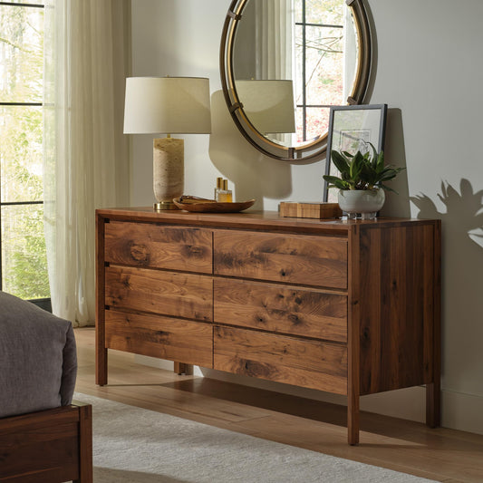 Stickley Saranac Dresser, Chest, Solid Rustic Walnut, Sustainable Construction, 6 Drawers, Finger Pulls, 64in W x 20in D x 32in H, Made in USA
