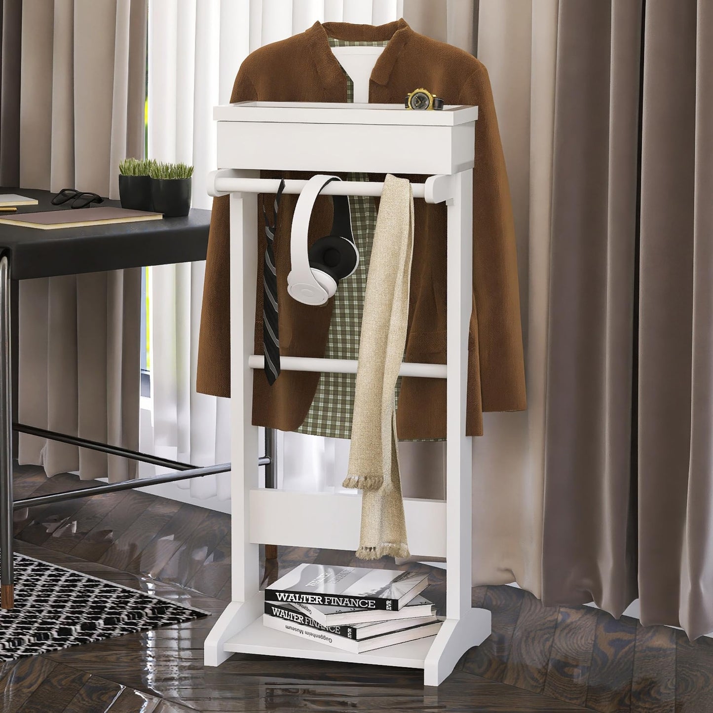RELAHOGAR Clothes Valet Stand for Men, Wooden Mens Valet Stand with Tray Organizer, Shoe Shelf, Hanging Rod and Suit Rack, Freestanding Clothes Rack for Bedroom Entryway Office, White