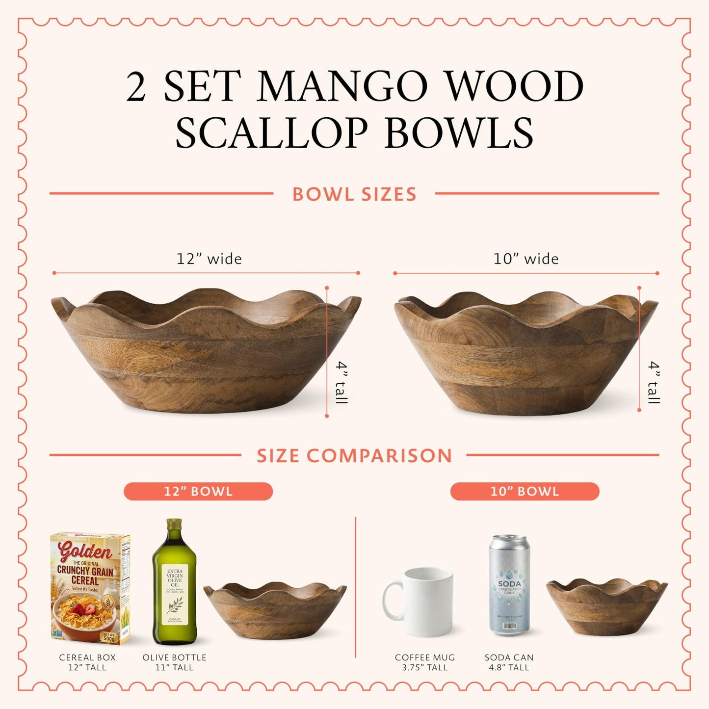 Mela Artisans Set of 2 Scalloped Mango Wood Bowls, 12 in Wide x 4 in Tall and 10 in Wide x 4 in Tall – Hand-Carved Decorative Serving Bowls with Visible Wood Grain