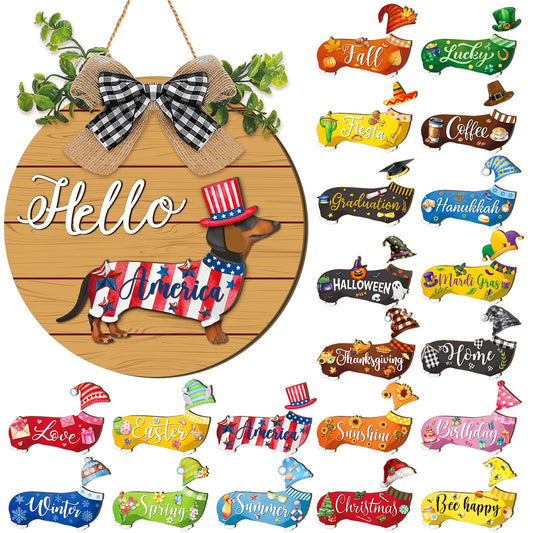 Glenmal 41 Pcs Interchangeable Seasonal Dachshund Welcome Sign Rustic Wiener Dog Front Door Wreaths Detachable Holiday Hanging Decor for Spring Summer 4th of July (Watercolor Hello Style)