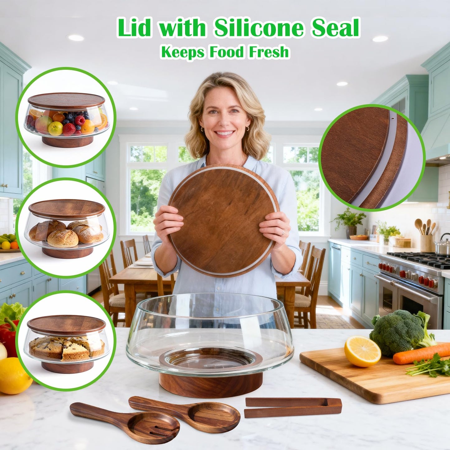 Airsent Extra Large Glass Salad Bowl with Lid Set, 5-Qt (160 fl oz) Mixing/Serving Bowl with Wood Base & Salad Servers, Trifle Bowl for Kitchen, Parties & Christmas