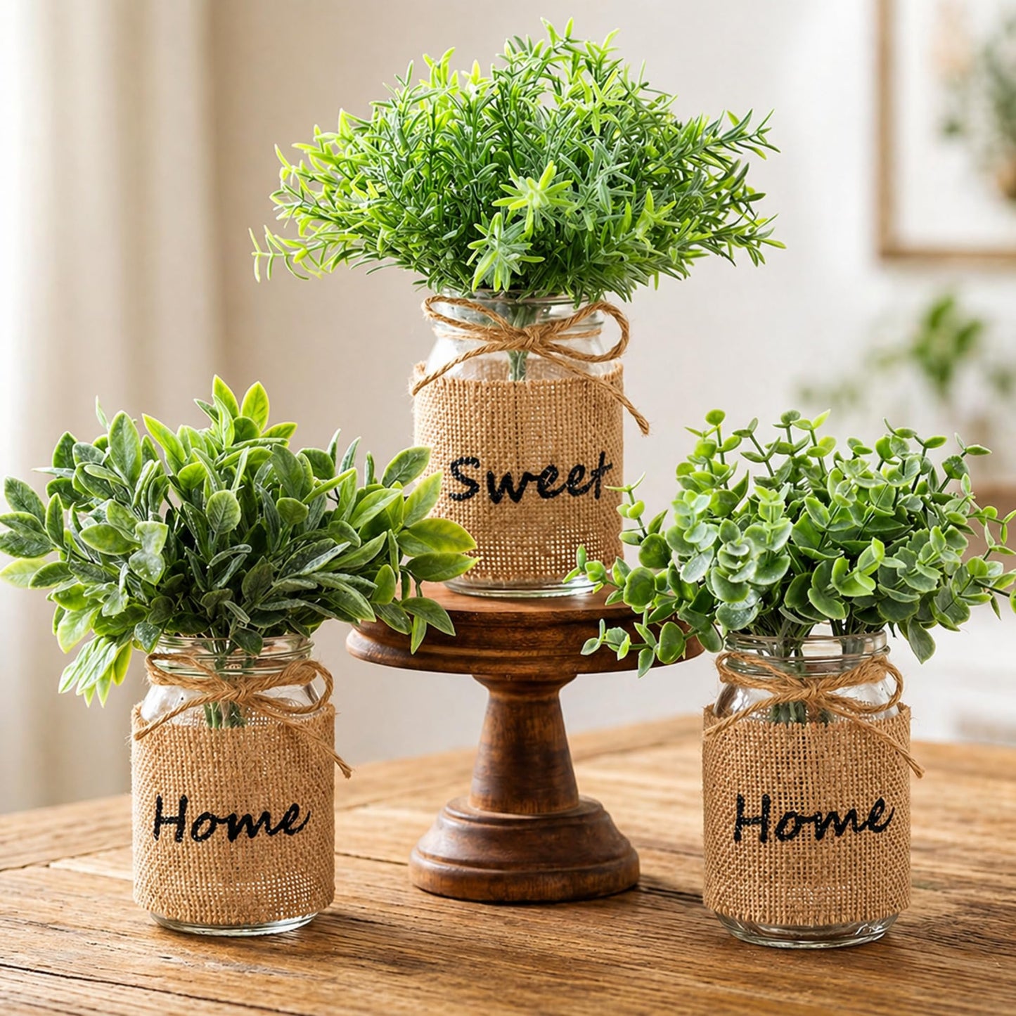 Suncalla 3 Pcs Spring Mason Jar Table Centerpiece Decor Small Fake Plants Farmhouse Rustic Burlap Vases Artificial Eucalyptus Rosemary Plants for Office Laundry Bathroom Shelf Table Wedding Decoration
