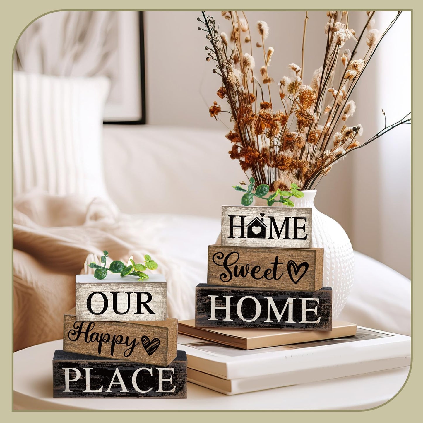 Briwooody 4 Pcs Farmhouse Wooden Table Decor Reversible Sweet Home Tiered Tray Decor Rustic Eucalyptus Leaves Wood Block Sign Gifts for Home Table Kitchen Shelf Fireplace Mantel Decoration