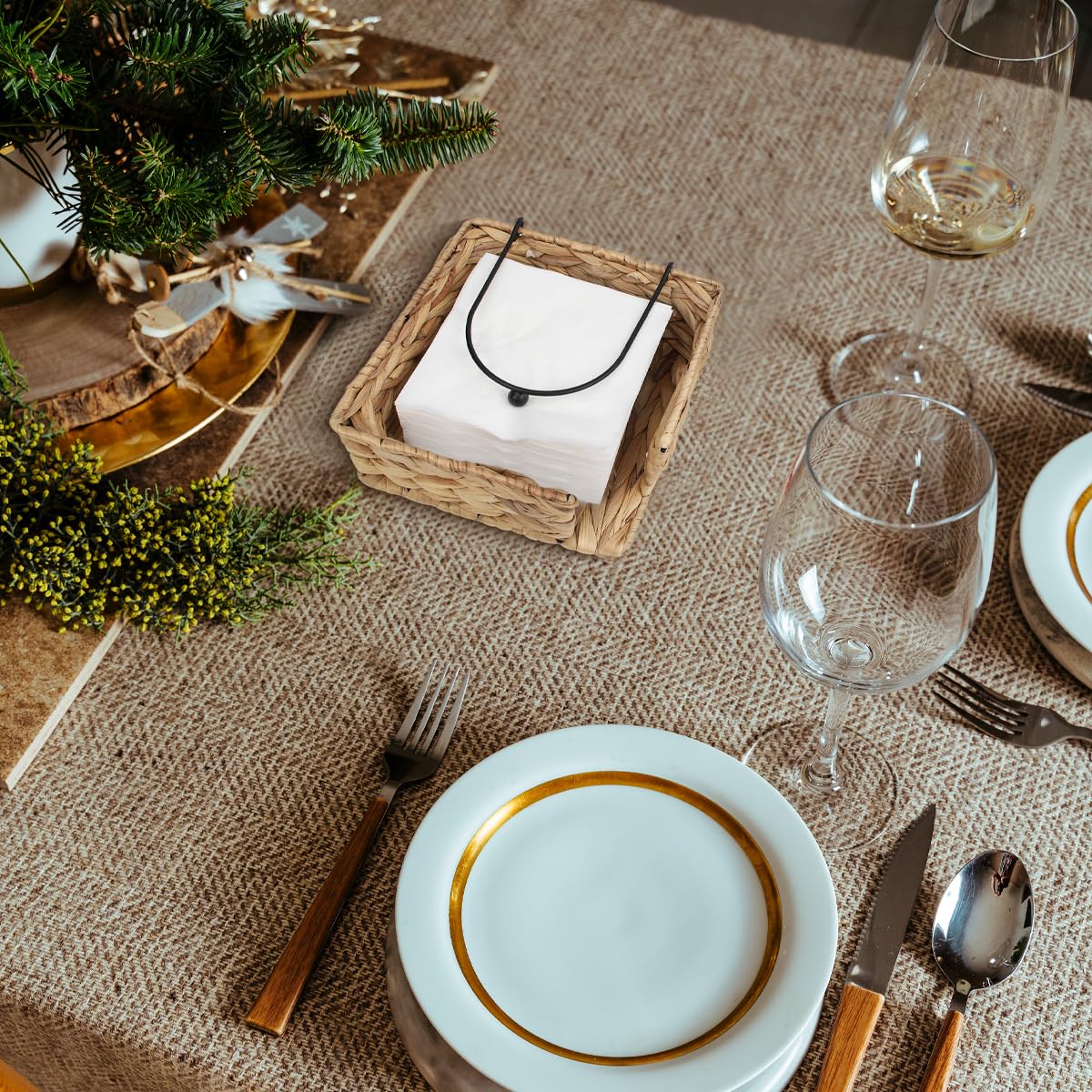 Napkin Holder for Table,Water Hyacinth Flat Napkin Holder with Weighted Arm,Wicker Napkin Baskets for Kitchen Dinner Table,Flat Napkin Dispenser for Countertop, Dining Room