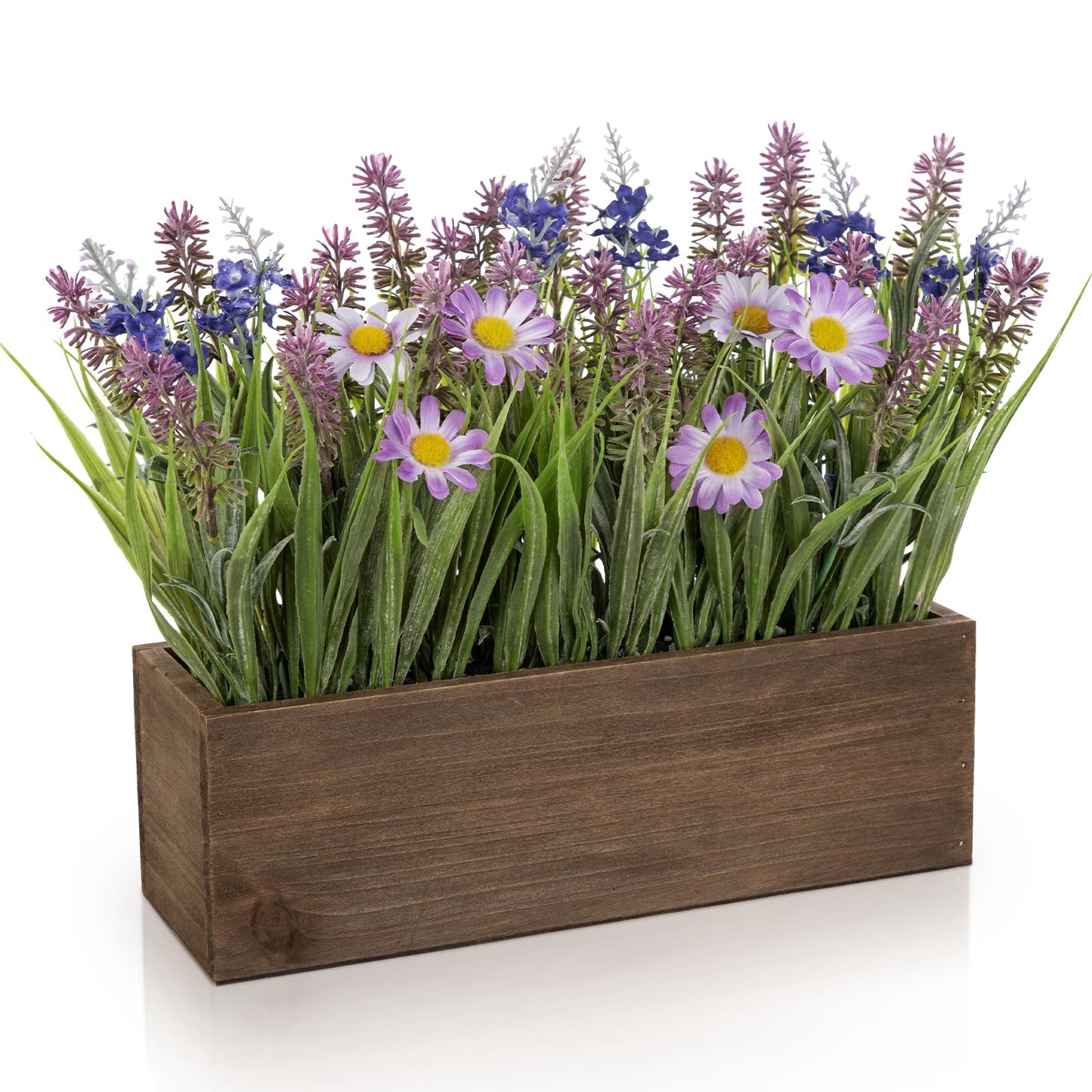 Artificial Lavender Flowers Arrangement in Rectangular Wood Planter Box, 10.6" Fake Potted Lavender Flowers with Daisies, Faux Lavender Plant for Centerpieces, Window Sill, Shelf, Home & Office Decor