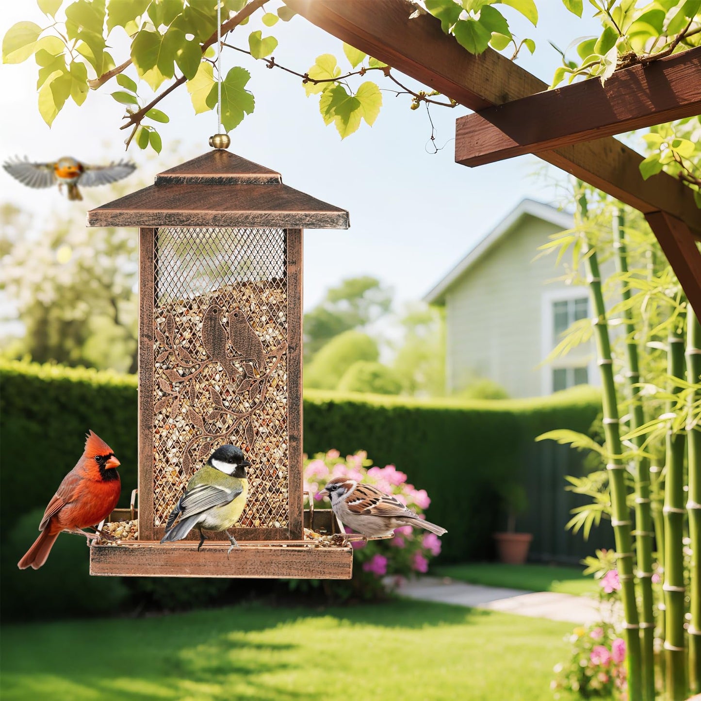 LBTING Bird Feeder for Outside, Metal Lantern-Shaped Bird Feeder, Wild Bird Feeders for Hanging Outdoor Garden Yard, Birds Pattern