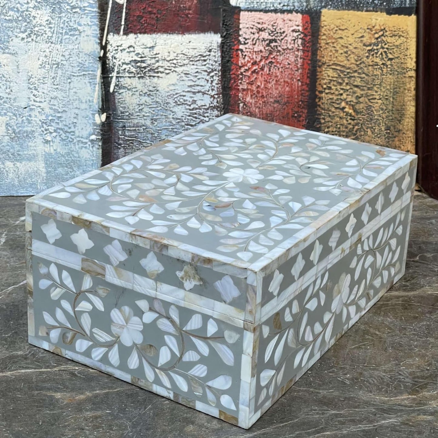 HANDMADE ENTARO Decorative Wooden Storage Box with Mother of Pearl Inlay – Elegant Floral Design – Perfect for Home Décor in Living Room, Dining Area, or Bedroom (Grey, 9x6x3.5 inch)