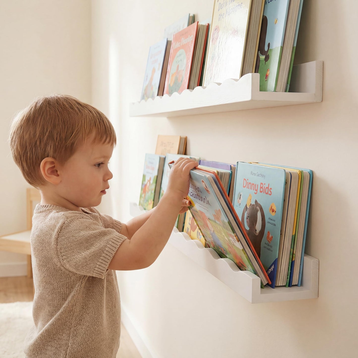 Fun Memories Picture Ledge Shelf for Wall, 48 inch Pine Wood Nursery Book Shelves Set of 2- Wall Book Shelves for Kids Room, Home Decor - Kitchen Spice-White