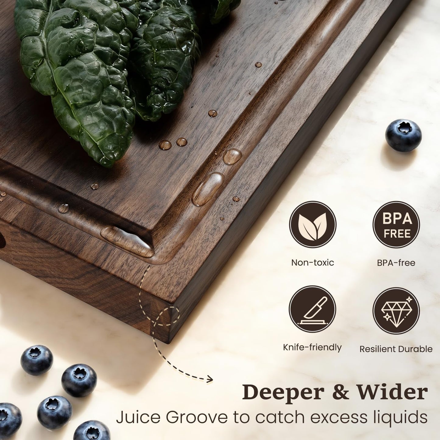 Empune Black Walnut Wood Cutting Boards for Kitchen Wooden Cutting Board with Handle, Chopping Board with Built-in Juice Groove & Well, Heavy-duty Charcuterie Board Butcher Block, 16.5x11.8x1.4 Inches