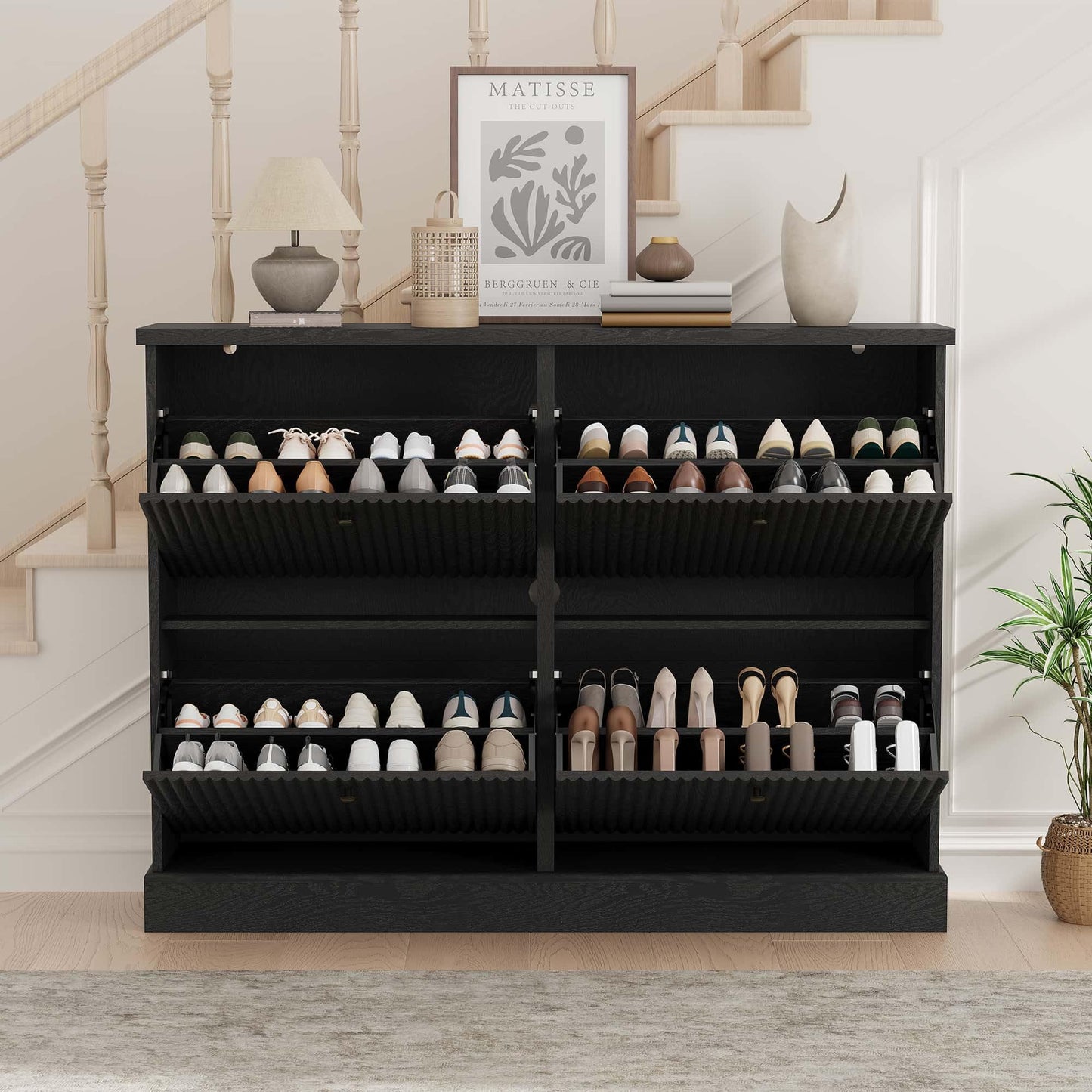 IDEALHOUSE Fluted Shoe Cabinet Storage with 4 Flip Drawers, Wooden Fluted Narrow Shoe Organizer with Adjustable and Removable Shelves, Freestanding Slim Shoe Storage for Entryway Hallway, Black