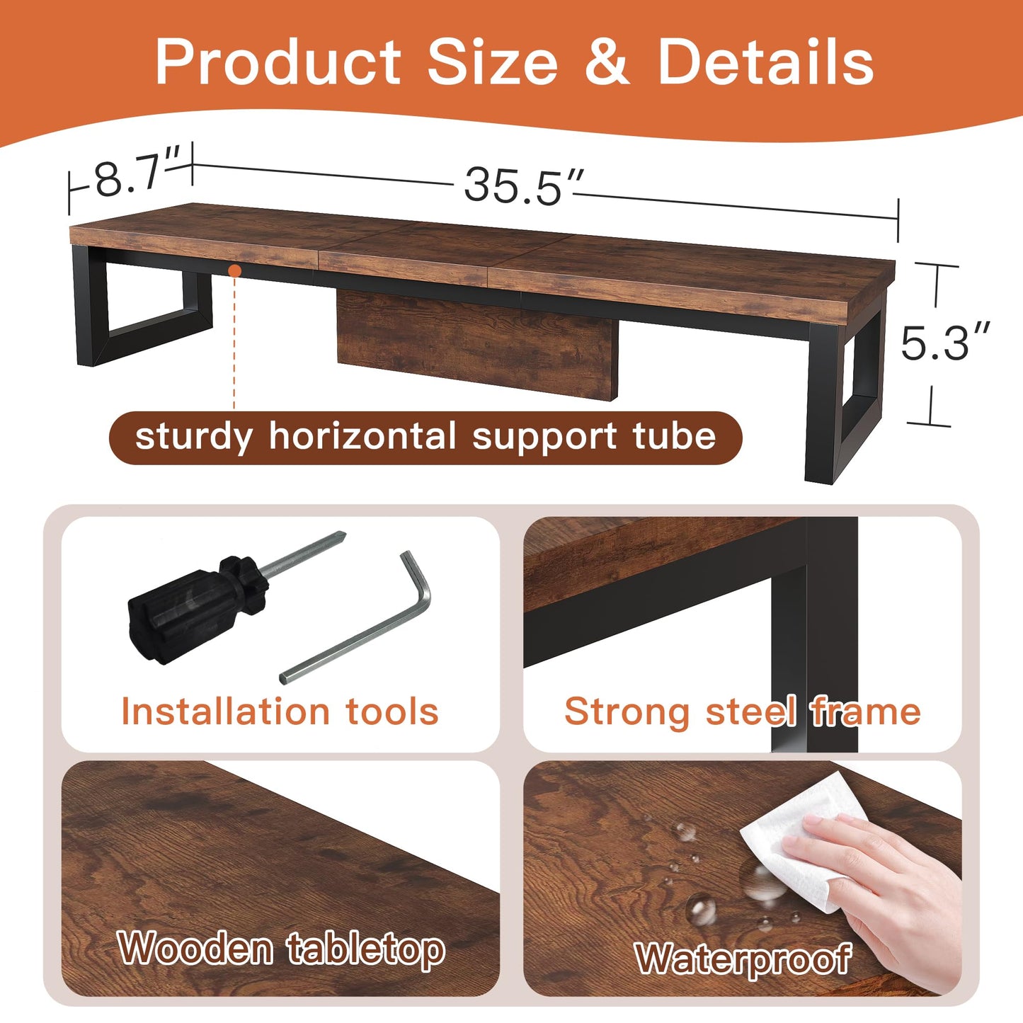 HEWORLIF Dual Monitor Stand Riser, Wood and Steel Monitor Riser, Long Computer Monitor Stands for 2 Monitors, Desk Shelf for Computer, Laptop, Printer, TV, Brown