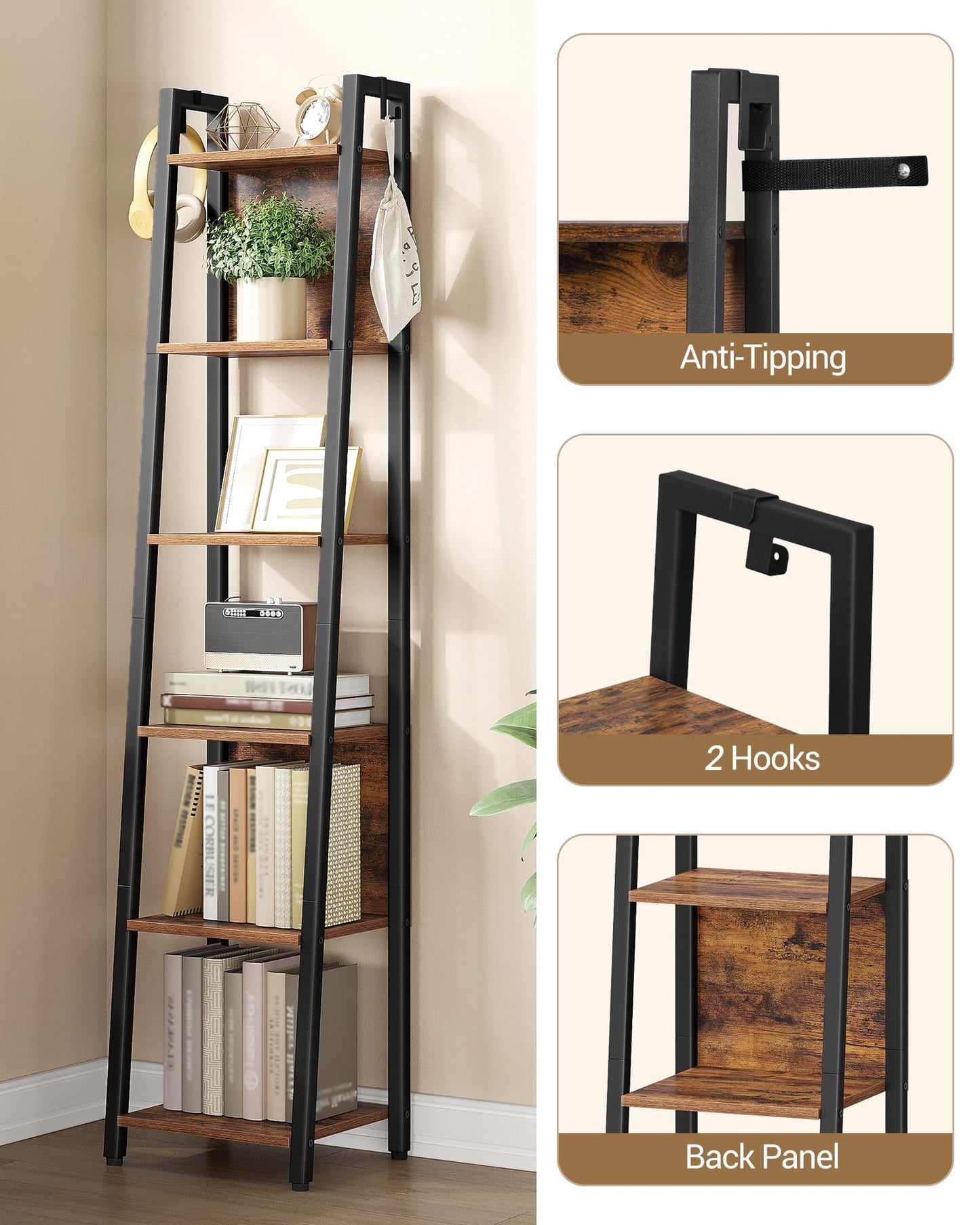 Hzuaneri Ladder Shelf, 6-Tier Narrow Bookshelf with 2 Back Panels, Industrial Ladder Shelf with 2 Hooks, for Home Office, Living Room and Bedroom, 12.2" D x 12.2" W x 63" H, Rustic Brown BC31601B