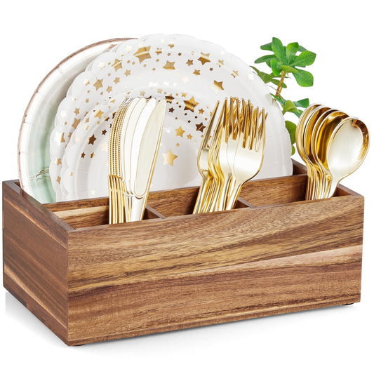 DRASTAR Paper Plate Dispenser, Acacia Utensil Caddy Organizer, Large Silverware Holder for Party, Paper Plate Organizer, Kitchen Utensil Caddy for Party Picnic Camping