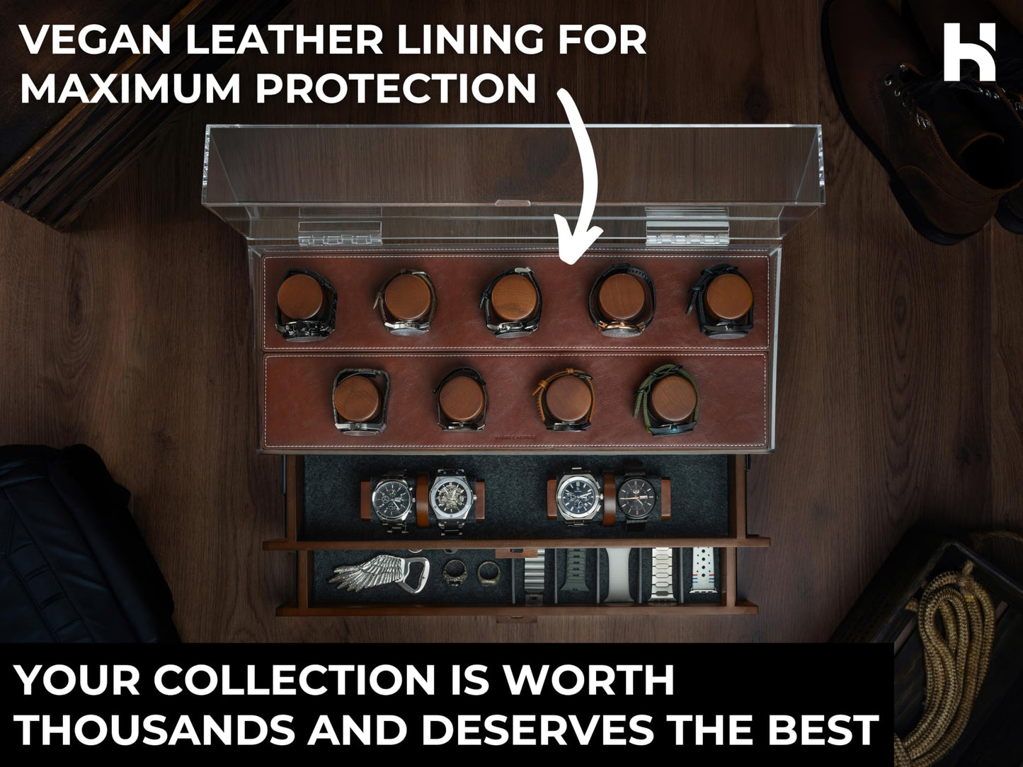 Premium 17 Slot Watch Box for Men - Extra Large Wooden Watch Display Case with Hinged Cover, Leather Lining & 2 Drawers - Watch Holder Organizer Stand - Handcrafted Luxury Father's Day Present for Men