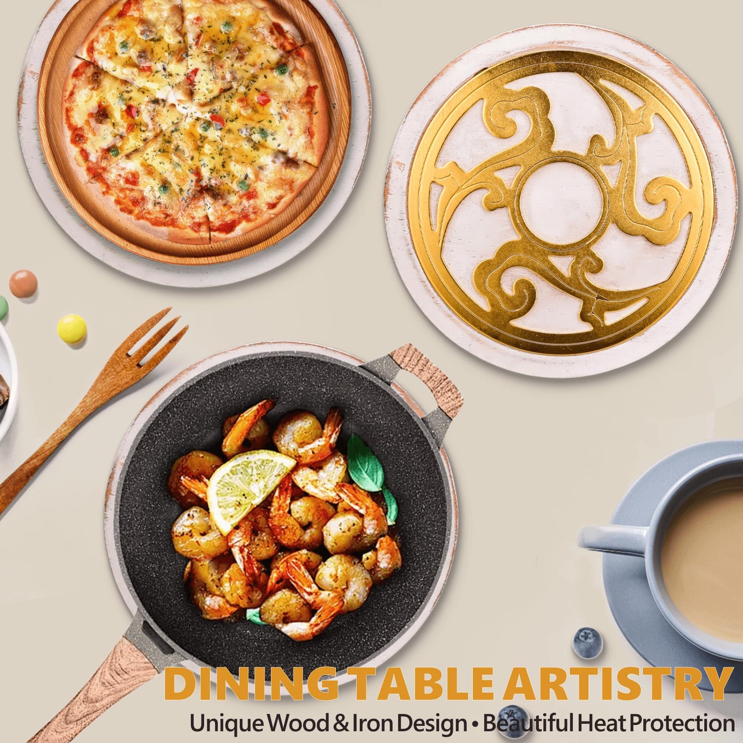 ALLCENER Trivets for Hot Dishes Set of 2, 8 Inch Boho White Washed Wood & Gold Metal Trivet, Heat Resistant Hot Pads for Kitchen Counter and Dining Table, Decorative Pot Holders