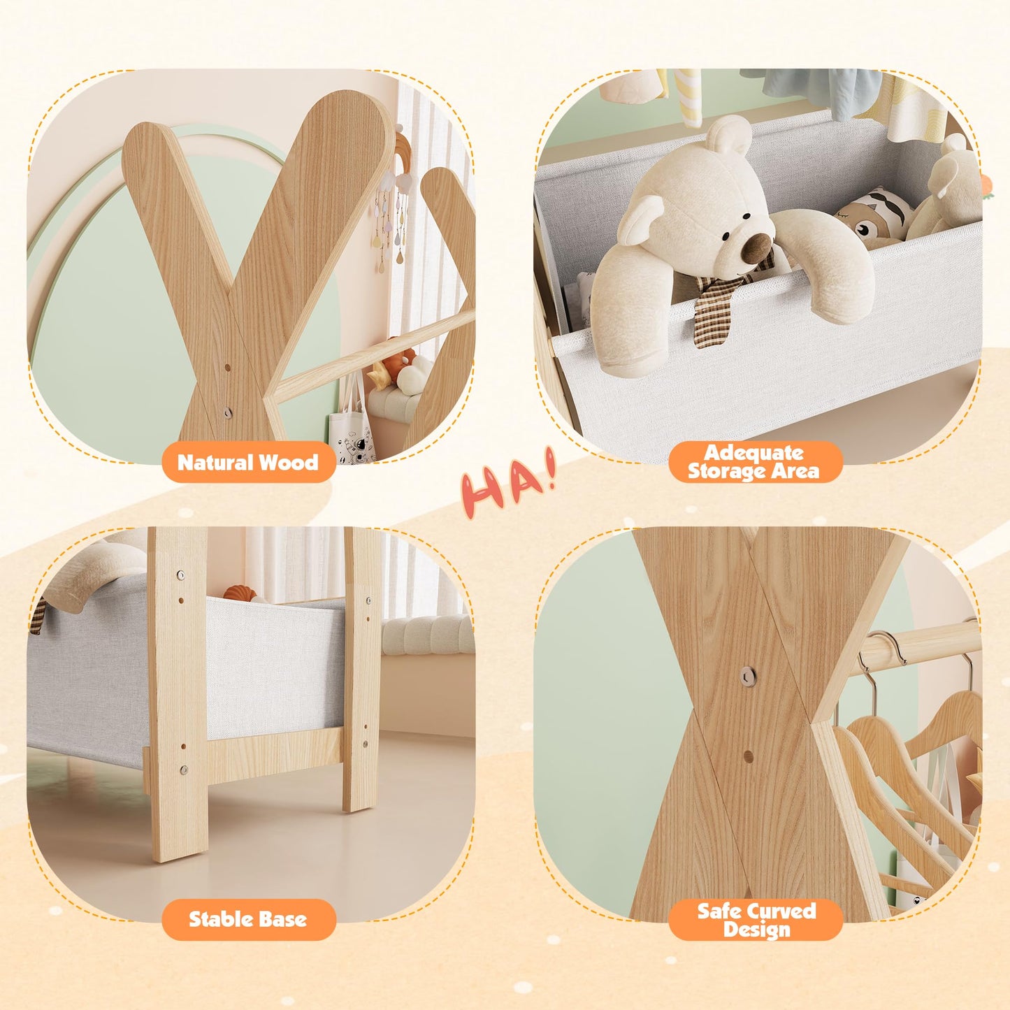 NACHES Small Kid Clothing Rack Wooden Montessori Garment Rack for Toddler Baby Wardrobe Closet Compact Dress Up Storage Organizer Hanging Rod for Costume Princess Skirt Coat Bedroom Nursery Playroom
