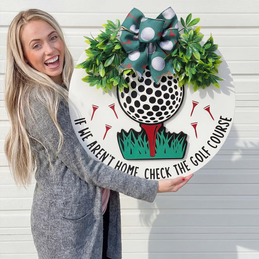 Suncalla 16.93 Inch Giant Golf Wreath Front Door Decor Outdoor Welcome Golf Sign Wreath Hanging Wooden Plaque Decoration Round Rustic Wood Farmhouse Porch Decor for Home Front Door Decoration