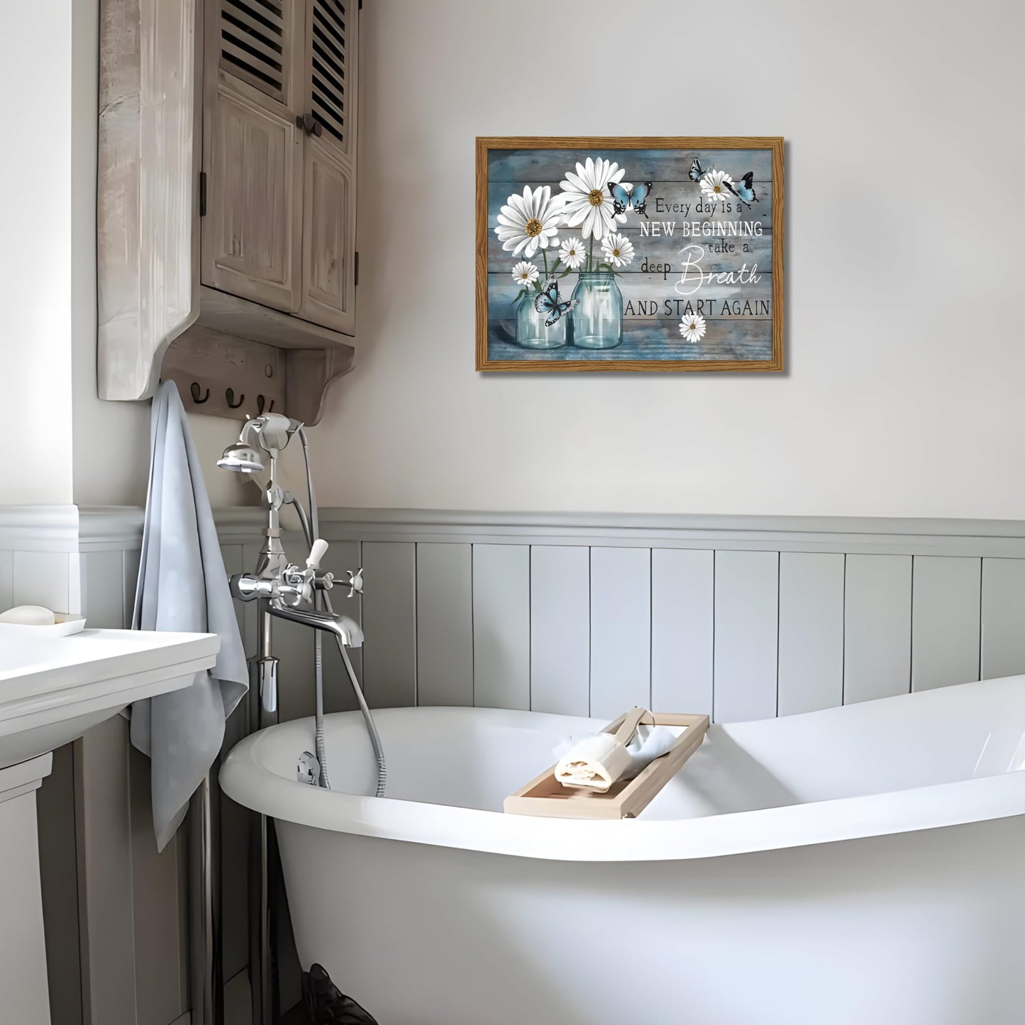 Wood Framed Daisy Butterfly Wall Art, Blue Rustic Farmhouse Canvas Wall Decor Paintings, Inspirational Flower Still Life Posters Prints Pictures for Bathroom Bedroom Home Decor 12x16 Inch