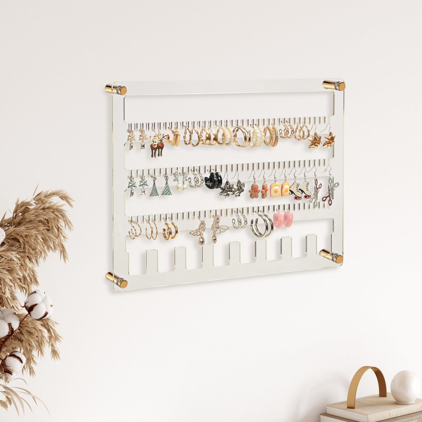 humberboat Earring Holder Organizer, 4 Layer Wall Mounted Ear Stud Display Storage, Acrylic Large Capacity Jewelry Organizer Earring Display and Storage for Studs, Dangling, Necklace