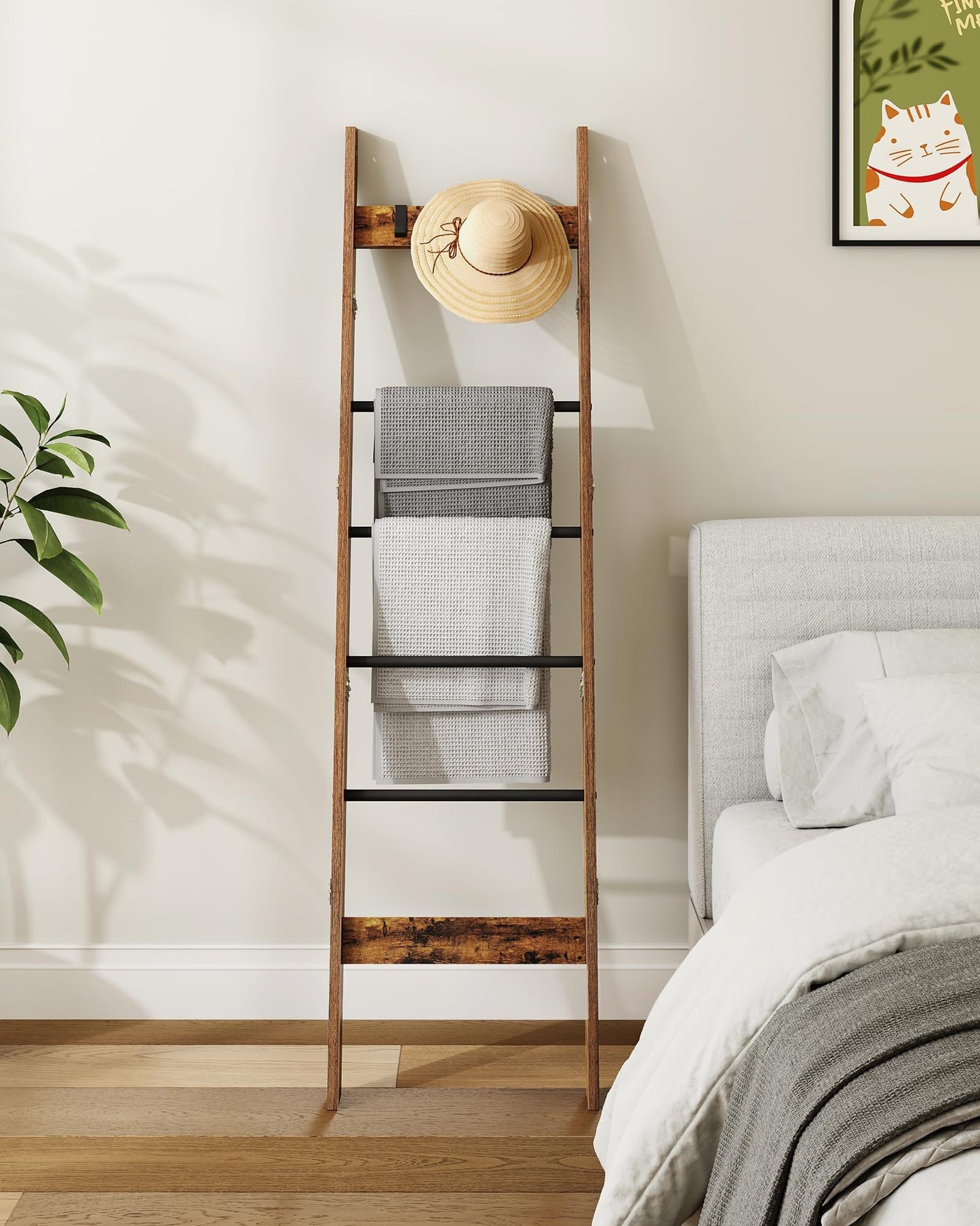 Hzuaneri Blanket Ladder for Living Room, Decorative Quilt Rack with 4 Removable Hooks, 5-Tier Farmhouse Ladder Holder Shelf Organizer for Bedroom, Rustic Brown and Black BR31501B