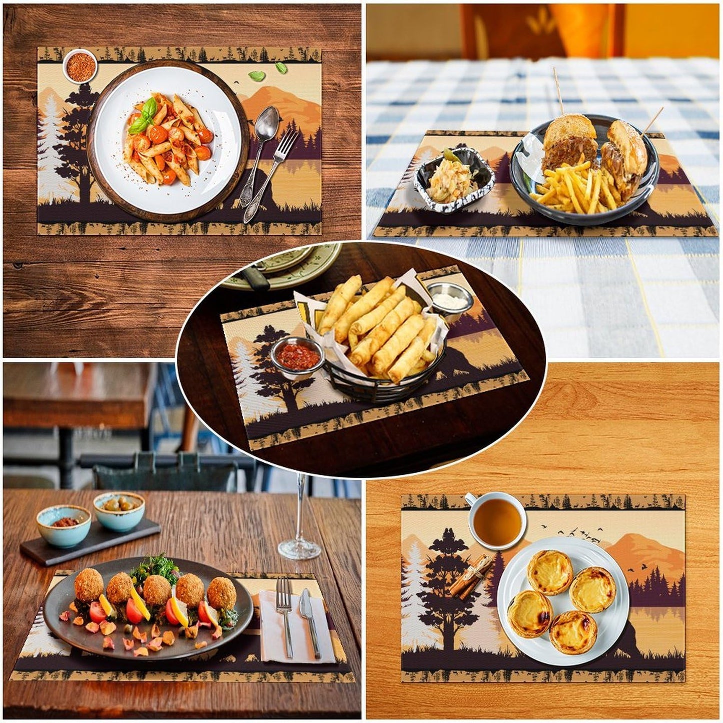 Forest Animal Cabin Placemats Set of 4, 12x18 Inch Country Bear Sunset Rustic Wooden Farmhouse Style Pine Tree Nature Printed Fall Holiday Coffee Table Mats for Party Kitchen Dining Decoration