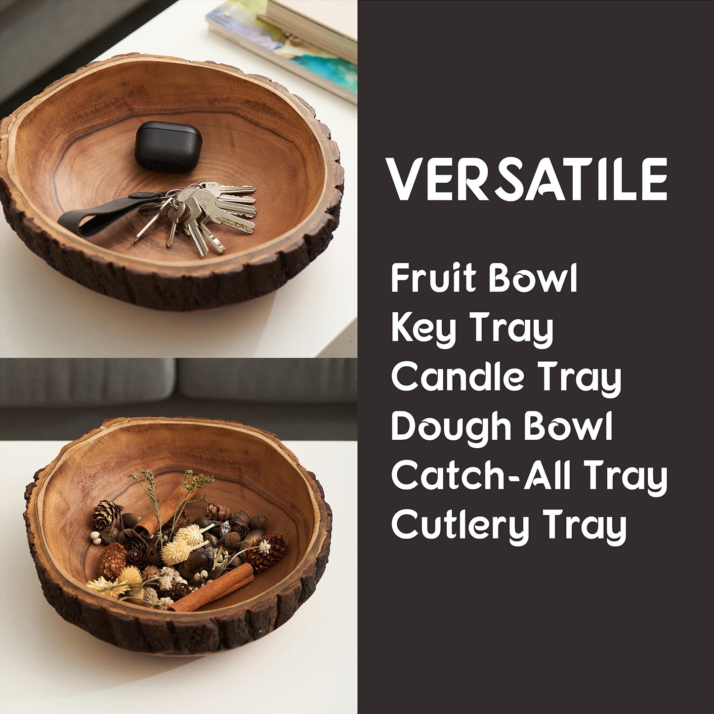 Tapeera Wood Fruit Bowl for Kitchen Counter - Large Decorative Key Tray for Entryway Table - Wooden Holder Basket for Candy and Office (10.5 Inch)