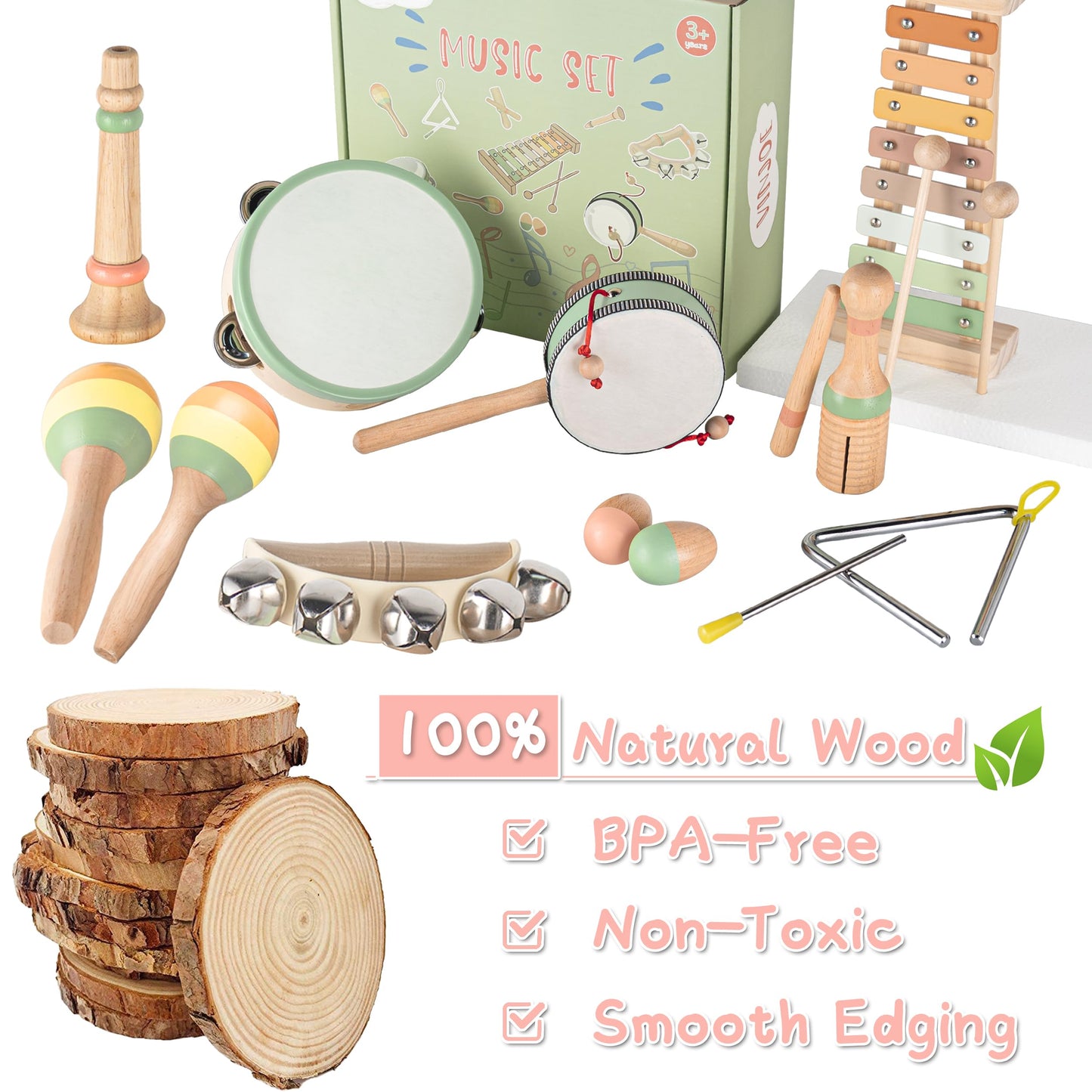 VINJOE Baby Musical Instruments-Toddler Montessori Wooden Musical Toys for Kids 1-3, Neutral Colors Percussion Instruments Set Early Learning Musical Toys for Preschool Educational Birthday Gifts