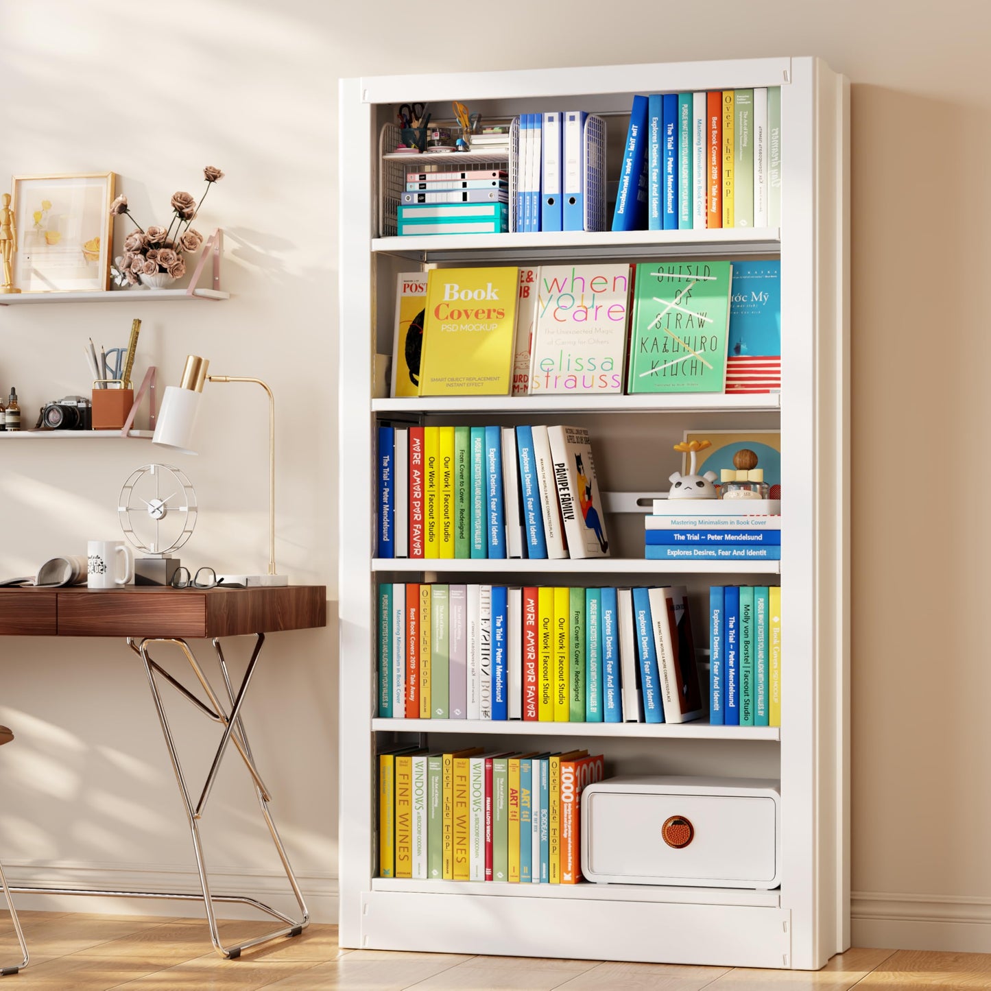 OpolQif Bookshelf, 71" H Tall White Bookcase, 5-Tier Bookcase Metal Sturdy Bookshelf with Adjustable Shelves,Heavy Duty Book Cases for Living Room, Library, School, Study, Home Office