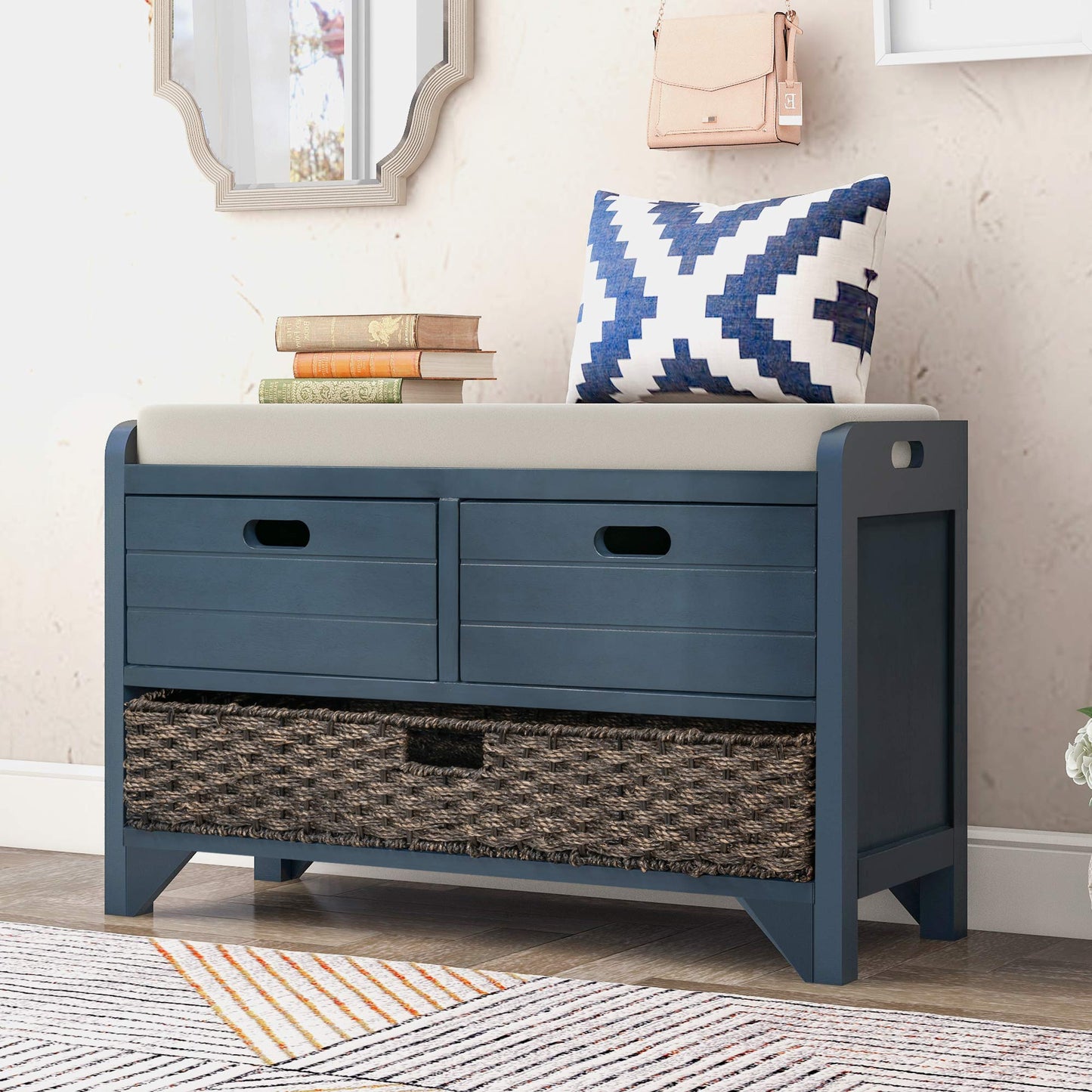 Brisca Wood Storage Bench with 1 Removable Basket and 2 Drawers,Fully Assembled Shoe Stool,W/Removable Cushion,for Hallway,Entryway,Bedroom,Living Room,Navy