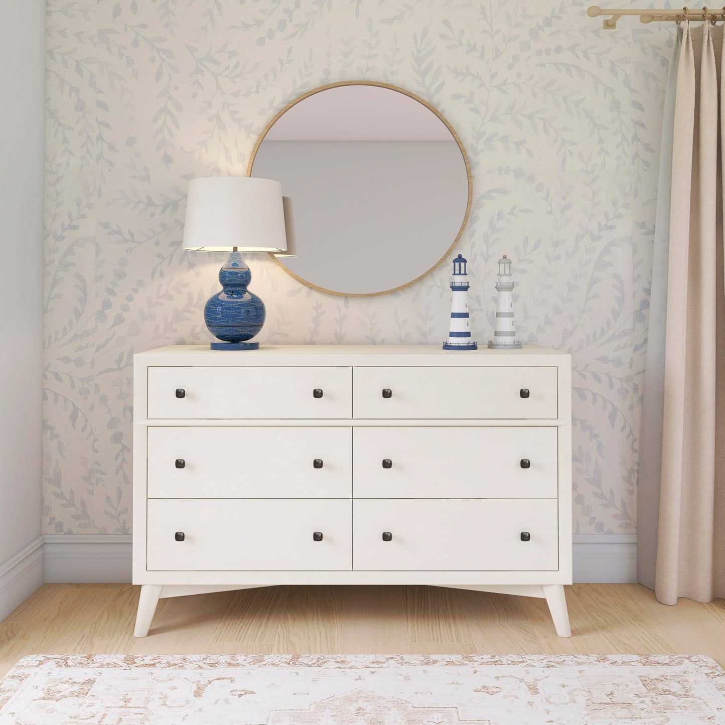 Evolur Loft Antilia Mid-Century Double Dresser in Vanilla Bean, 6 Spacious Drawers, Comes Fully Assembled, Included Anti-Tipping Kit, Wooden Nursery Furniture