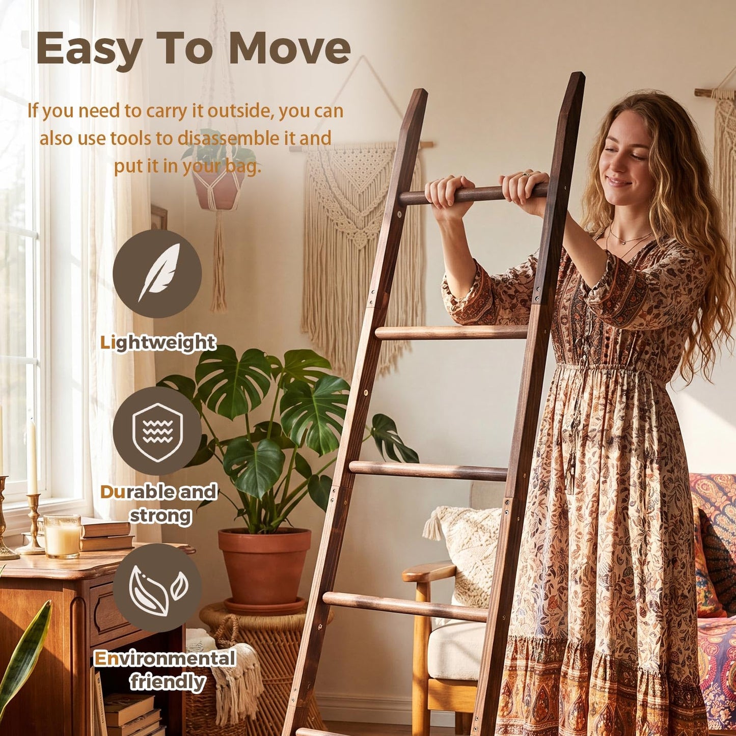Sintuff Blanket Ladder for Living Room, 5.5ft Wooden Blanket Rack, 5-Tier Natural Leaning Tapered Ladder Shelf for Farmhouse Bedroom Living Room Bathroom Decor, Walnut Brown