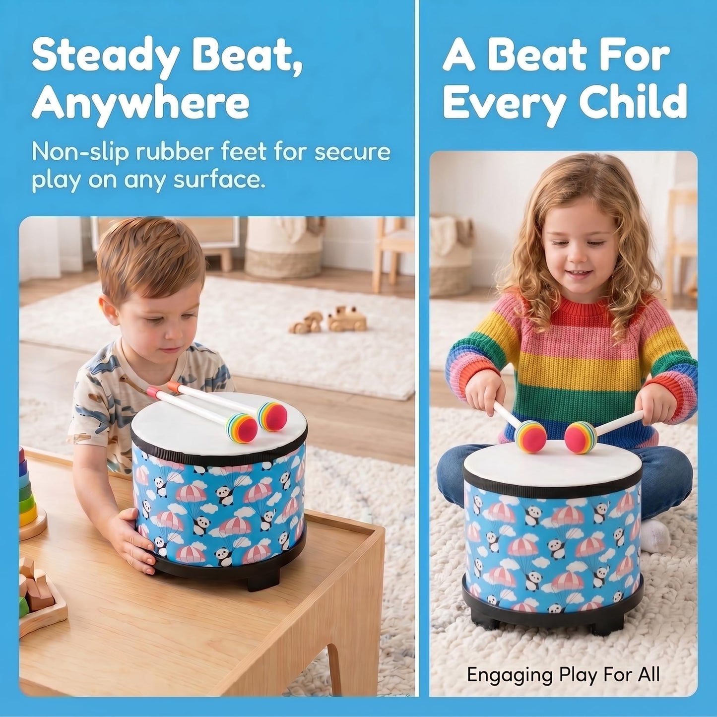 Kids Floor Tom Drum Toddlers: Baby Music Toys 8 inch Percussion Instrument Child Drums - Montessori Toys Wooden Drum for Preschool Educational Birthday (Blue 8" )