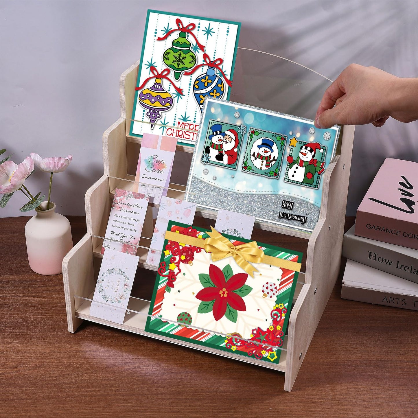 GLOBLELAND 4-Tier Wooden Greeting Card Display Stand Portable Card Display Rack Card Organizer Rack for Vendors Postcards Brochure Photos Sticker Retail Stickers Bookmark 10.2x11.6x11.6 inch