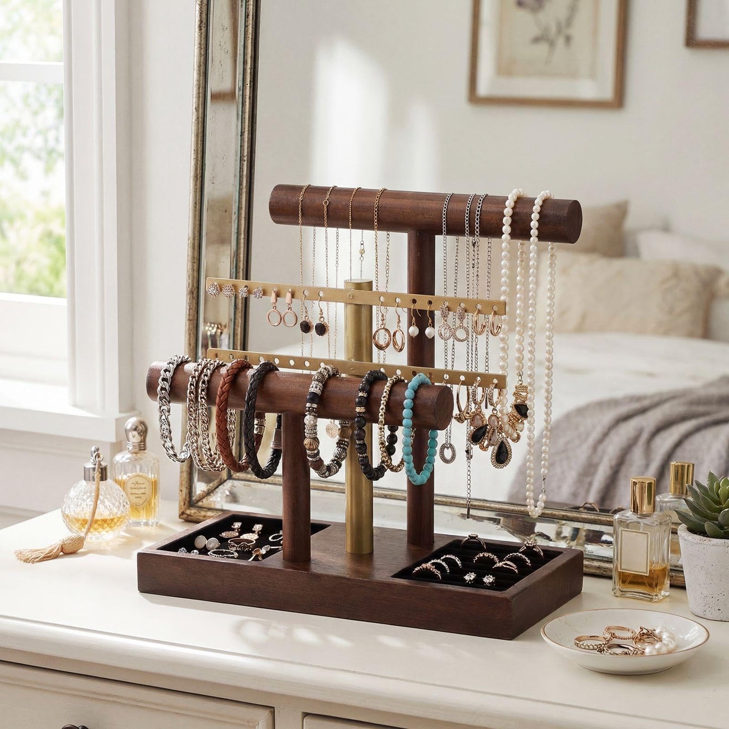 RattanView 3 Tier Bracelet Holder Display with Earring Holder Organizer T-bar Bangle Storage Rack Wooden Jewelry Organizer Stand Gifts for Bracelet Necklaces Earrings Rings Watches Storage Displays