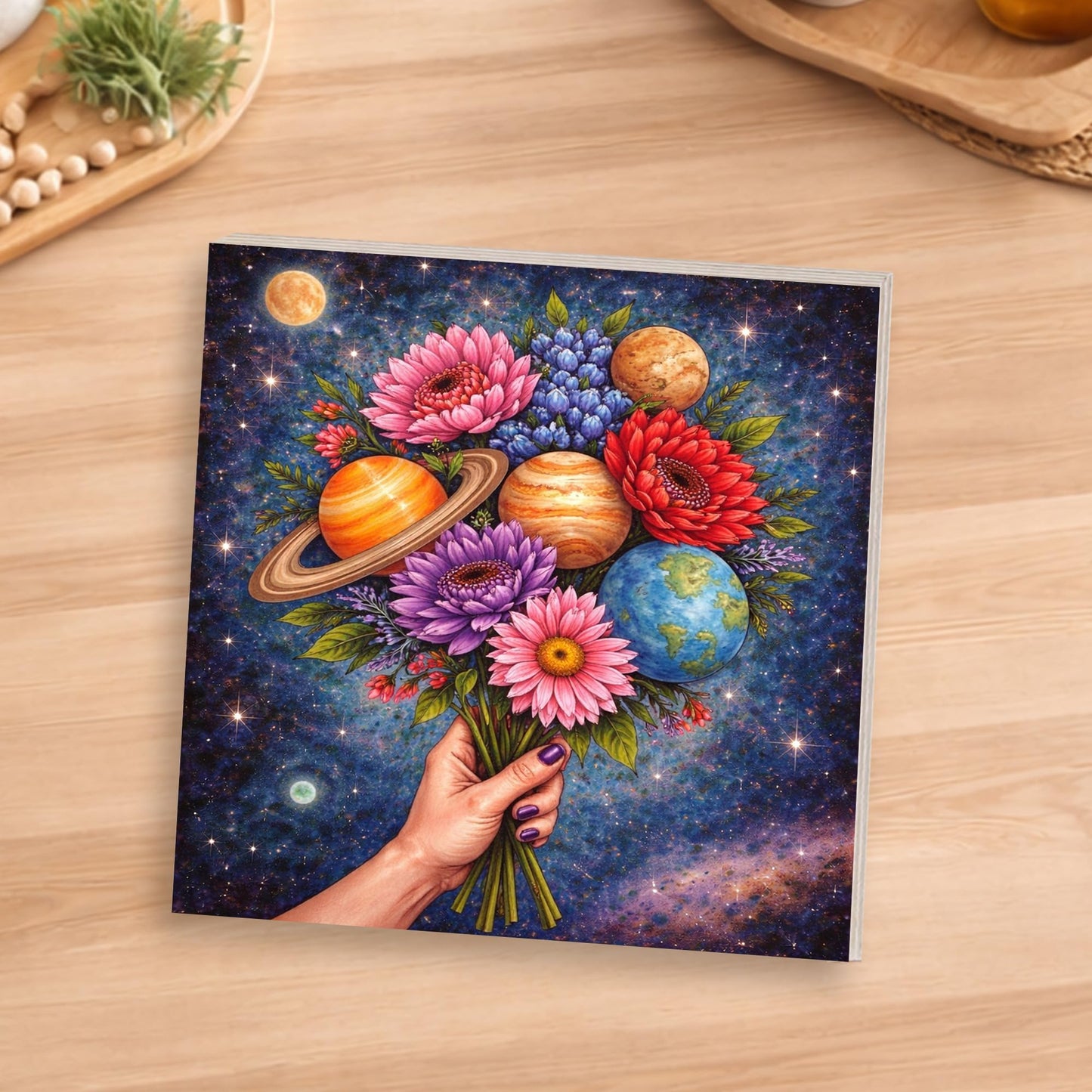 Cosmic Floral Wooden Block Sign, Celestial Flower Bouquet Decor, Galaxy Planet Art Shelf Sitter, Boho Space Table Mantel Tiered Tray Decor Gift for Astronomy Lover