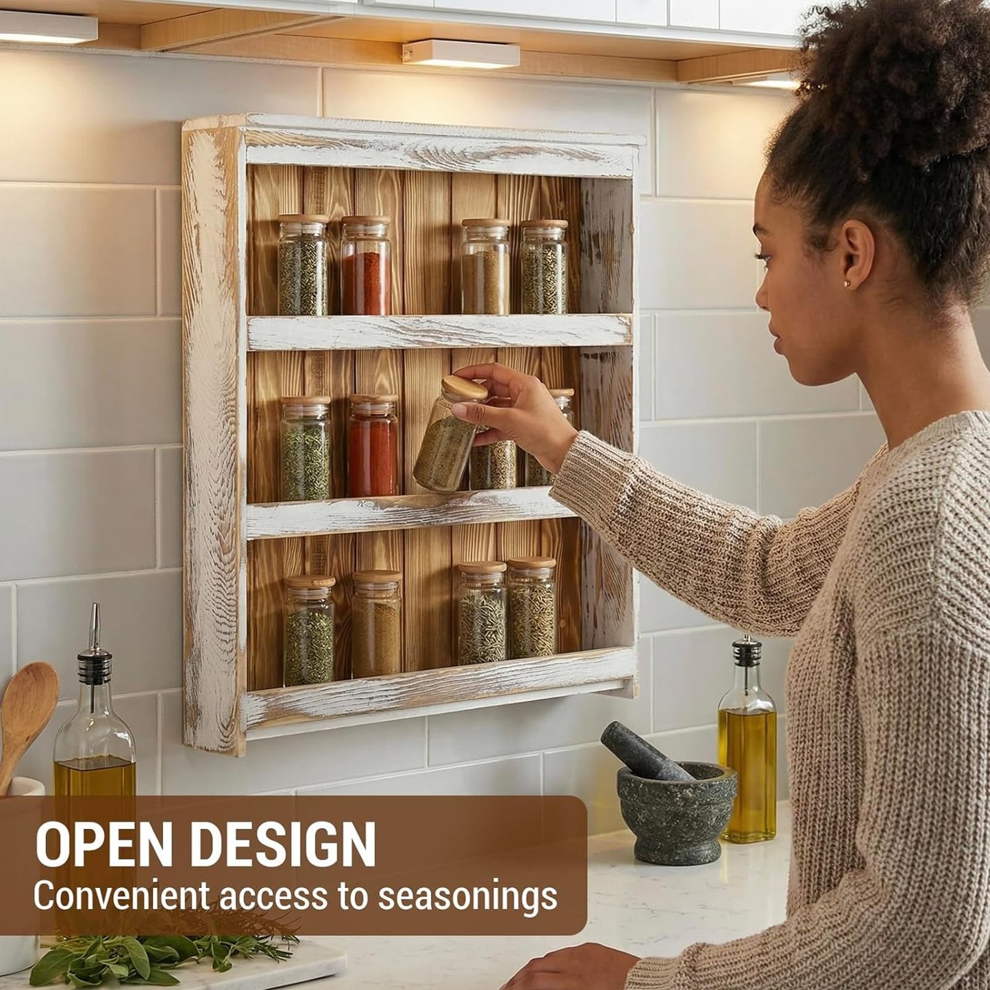 MyGift 3 Tier Spice Rack Wall Mount, Hanging Kitchen Pantry Storage Shelf for Seasoning Jars or Condiment Bottles, Shabby White Washed and Rustic Natural Burnt Solid Wood