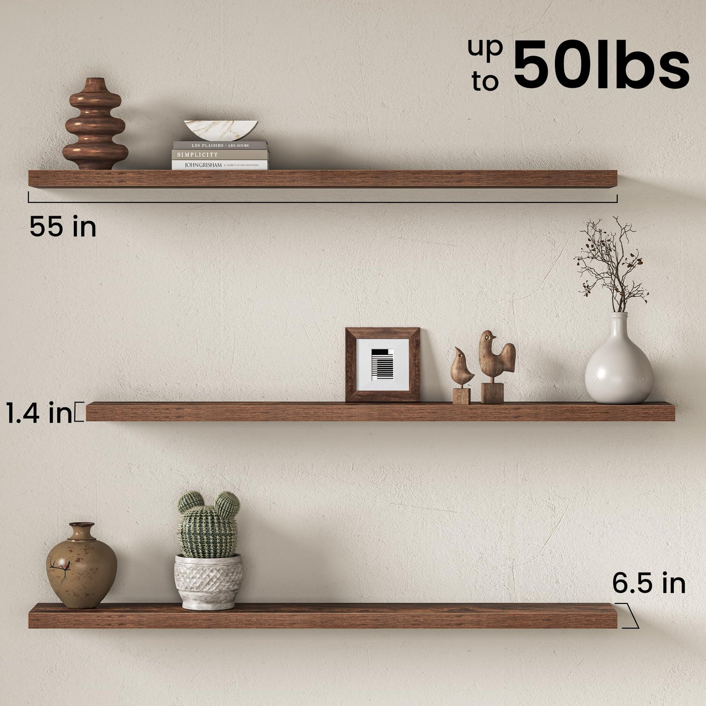 55 Inch Floating Shelves for Wall, Wood Wall Mounted Deep Storage Shelves with Invisible Brackets, Extra Long Decorative Display Ledge for Living Room Bedroom and Kitchen, Set of 2, Rustic Brown