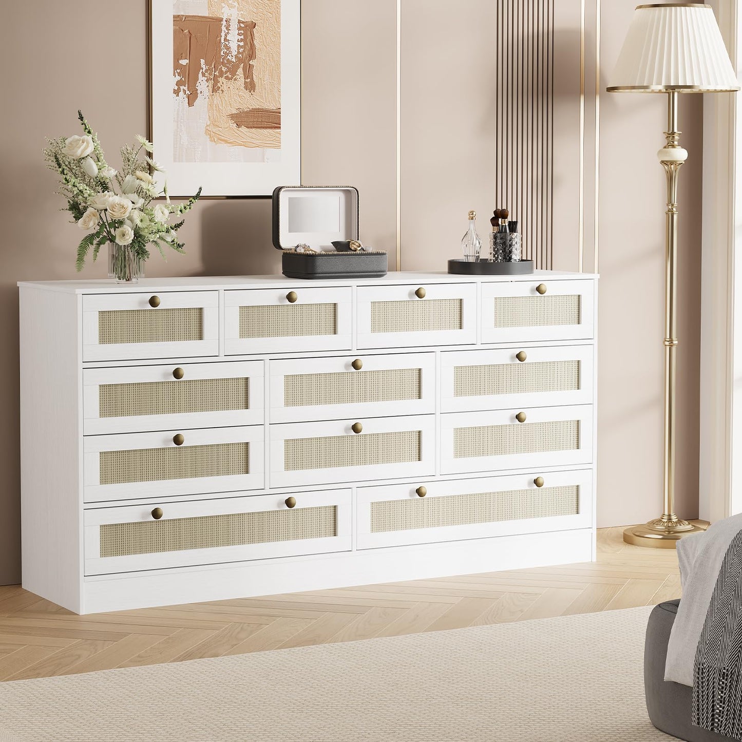 GarveeHome 12 Drawer Wooden Dresser for Bedroom, Rattan Chest of Drawers for Closet, Living Room, Hallway, 61 Inch Wood Wide TV Stand Dressers for 65 Inch TV, Modern Dresser for Adult Room