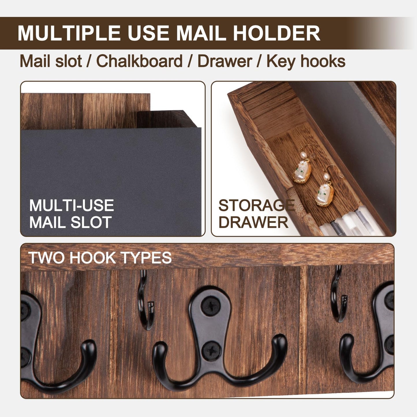 Lucundm Mail and Key Holder Wall Mount with Storage Drawer – Modern Wooden Mail Organizer for Wall Entryway, 7 Key Hooks & Chalkboard Panel – Stylish Home Decor for Apartments, Living Room, Office