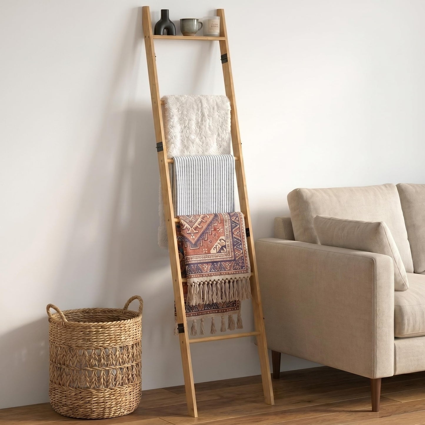 Plusinthebox 6 Tier Blanket Ladder with Shelf, Wooden Blanket Rack for Living Room, Leaning Towel Ladder Rack for Bedroom, Bathroom, Quilts, Throws, Towels and Farmhouse Décor