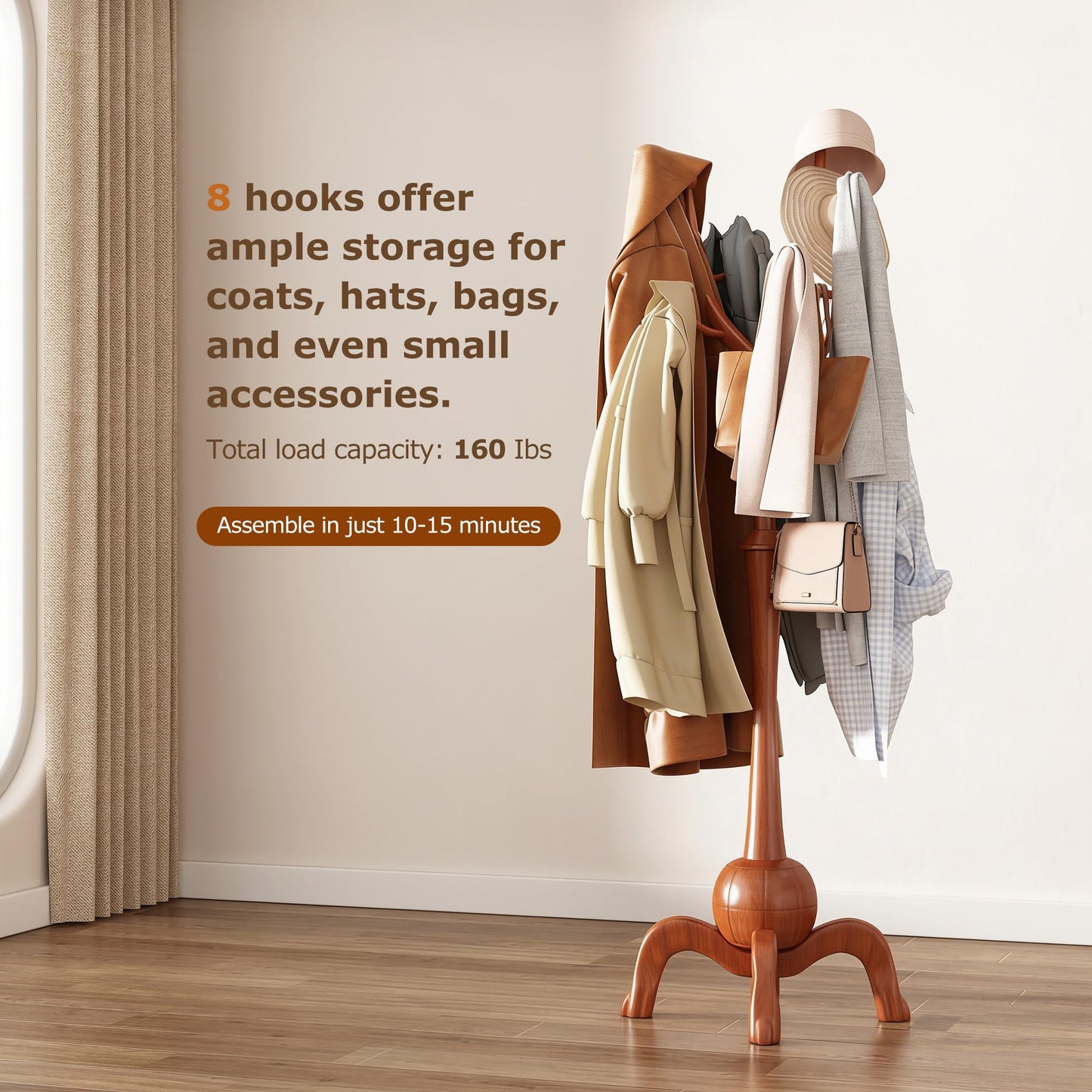 GAMNOF Wood Freestanding Coat Rack with 8 Hooks Coat Tree Standing,Brown