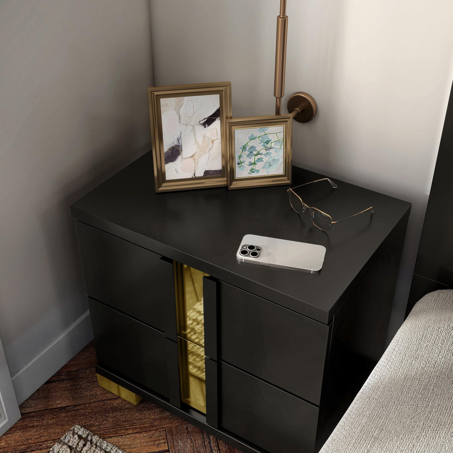 Furniture of America Ansten Modern Wood 6-Piece Platform Bedroom Set with Gold Trim, Underbed LED, Dust Proof Cases, Bracketed Metal Legs, No Box Spring Needed, King, Black