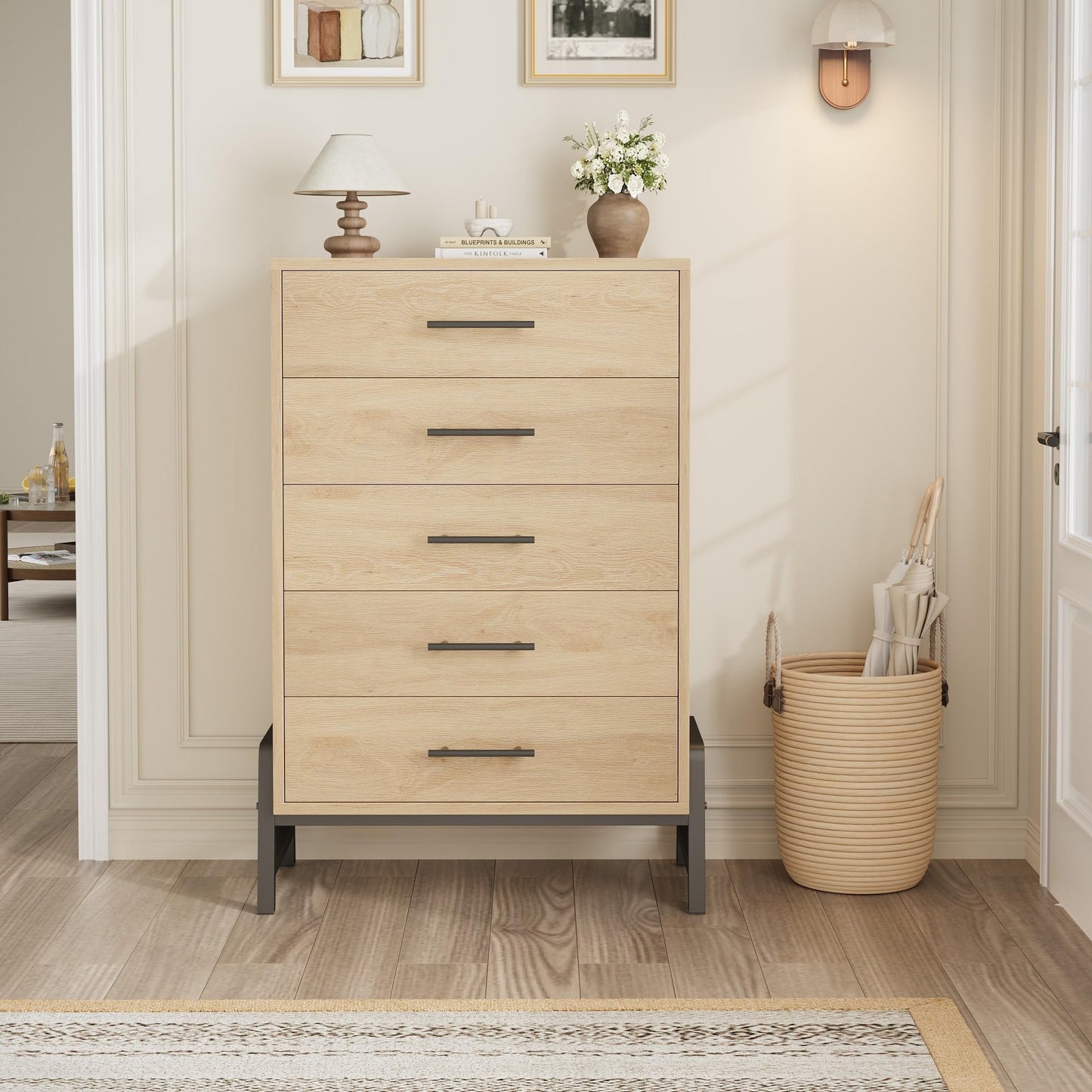 MilleLoom Tall Dresser for Bedroom, 50.5Inch 5-Drawer Chest of Drawers, Wooden Vertical Dresser with Deep Storage Drawers, Freestanding Narrow Closet Organizer for Living Room, Entryway