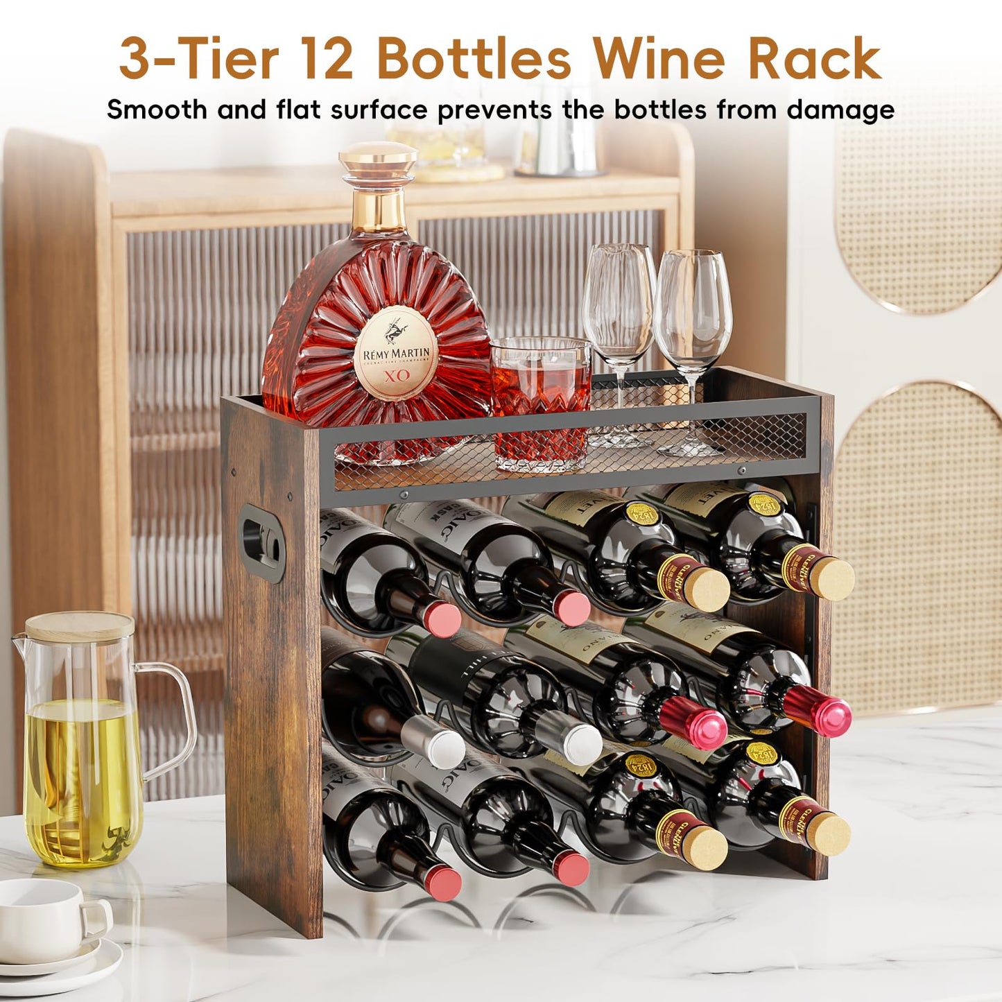 KLM 3-Tier Wine Rack, can Hold 12 Bottles.Suitable for Home Kitchens, Restaurants, Food Pantries, cabinets, and Bars.