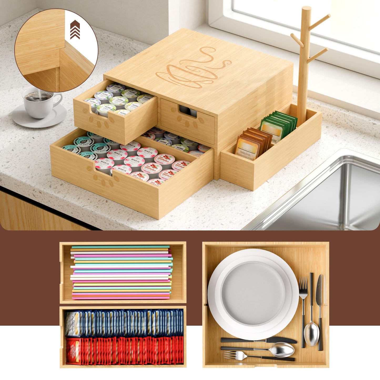 Coffee Pod Drawer, Wooden K Cup Holder with Tree Shape Mug Holder and Side Storage Box, 2-Tier K Pod Drawer Coffee Maker Machine Stand(80 Kcups+60 Tea Bags Capacity)