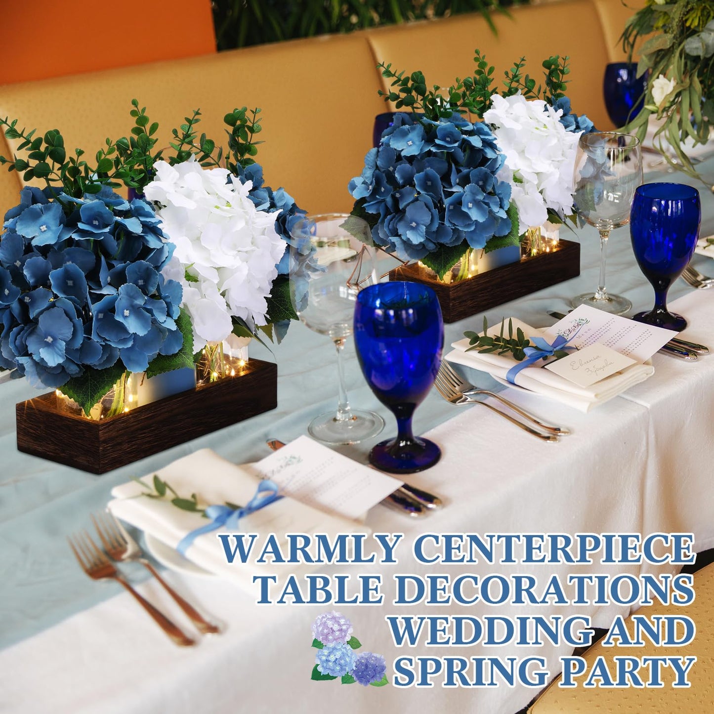 Suncalla 3 Pcs Blue Hydrangea Centerpiece for Table Artificial Hydrangea Flowers with LED Light Mason Jar Wood Tray Eucalyptus Stems Blue Table Decor for Coffee Wedding Kitchen Dining Living Room