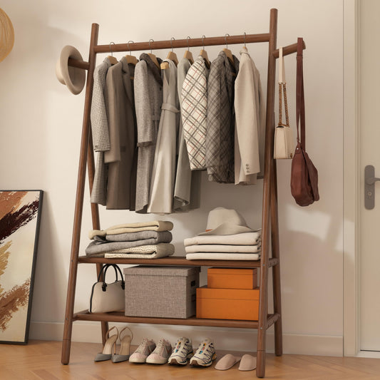 Solid Wood Clothes Rack with 2 Shelves & Hooks, Freestanding Garment Rack & Coat Rack Load 350 Lbs for Hanging Clothes & Organizer, Simple and Practical for Entryway Bedroom Living Room 39.5W