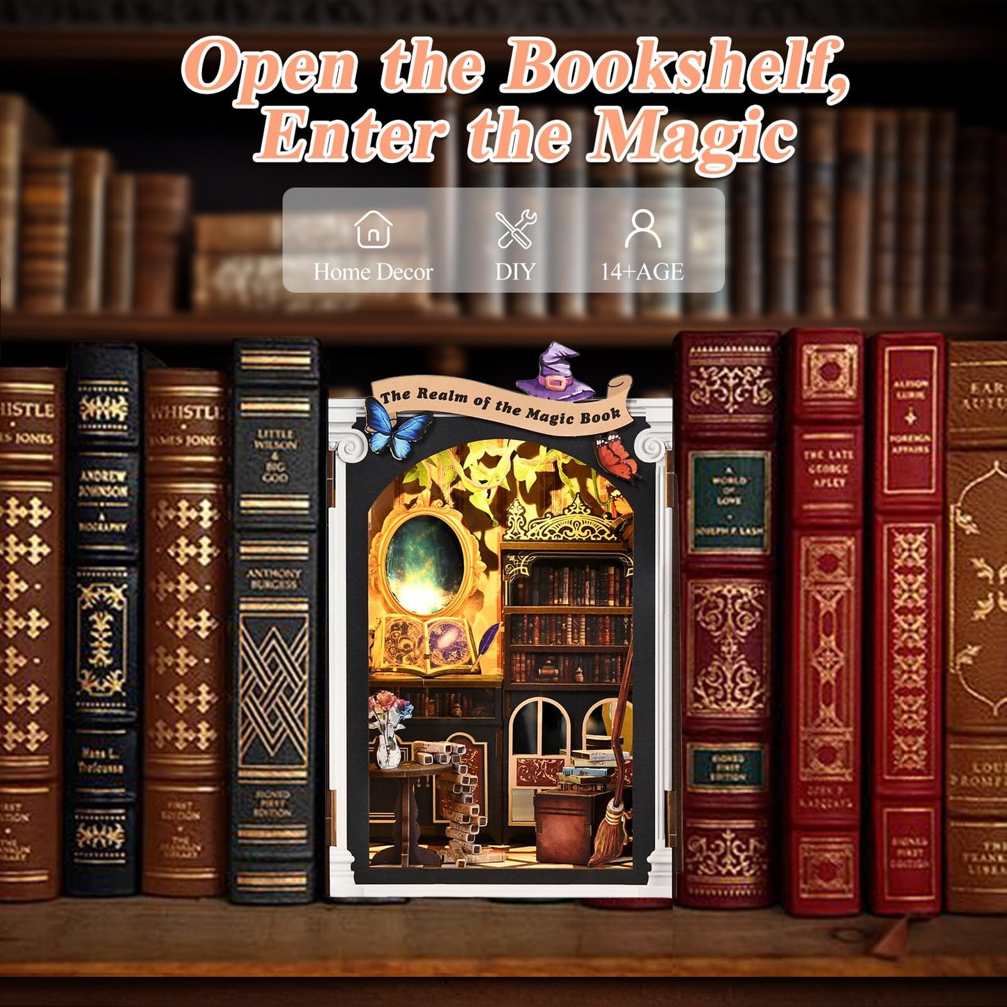 Book Nook Kit Magic Book of Mirrors Wooden Dollhouse， DIY Tiny House Miniature with LED Light, Fantasy Wooden Decor Display for Adults, Tiny Homes to Live in for Bookshelf, Battery Not Included